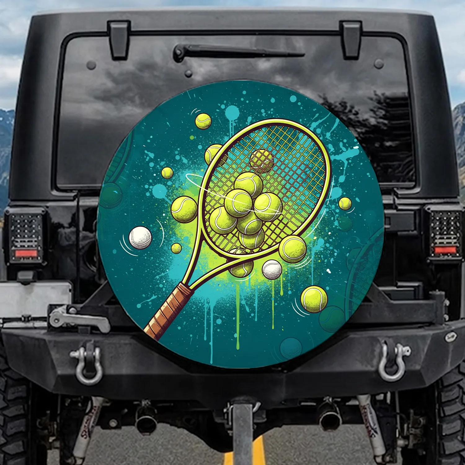 Cross-String Tennis Racket Orbiting Balls - Game Day Sport Enthusiast Gift for Players Spare Tire Cover - 1