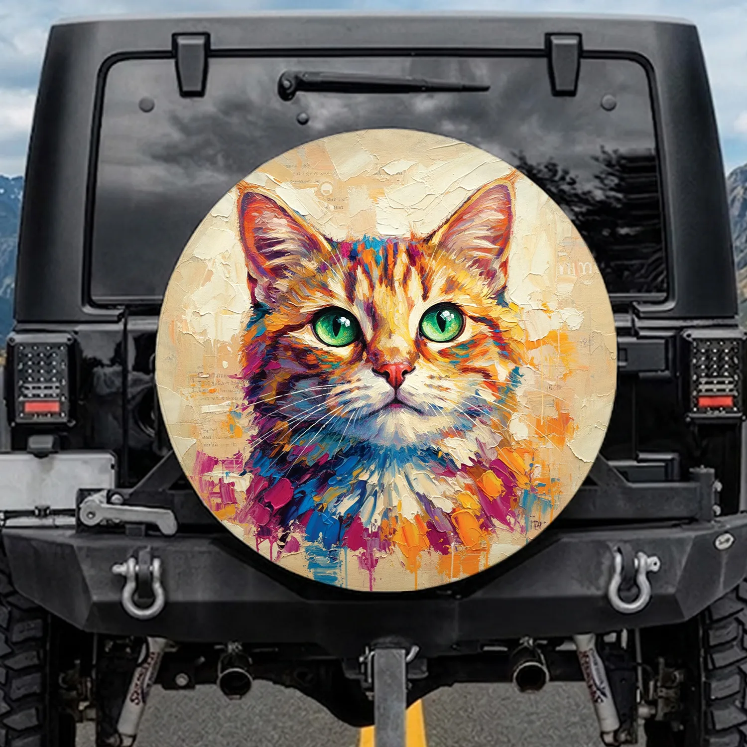 Expressive Abstract Cat Portrait Emerald Eyes - Car Decor Gift for Cat Lovers Spare Tire Cover - 1