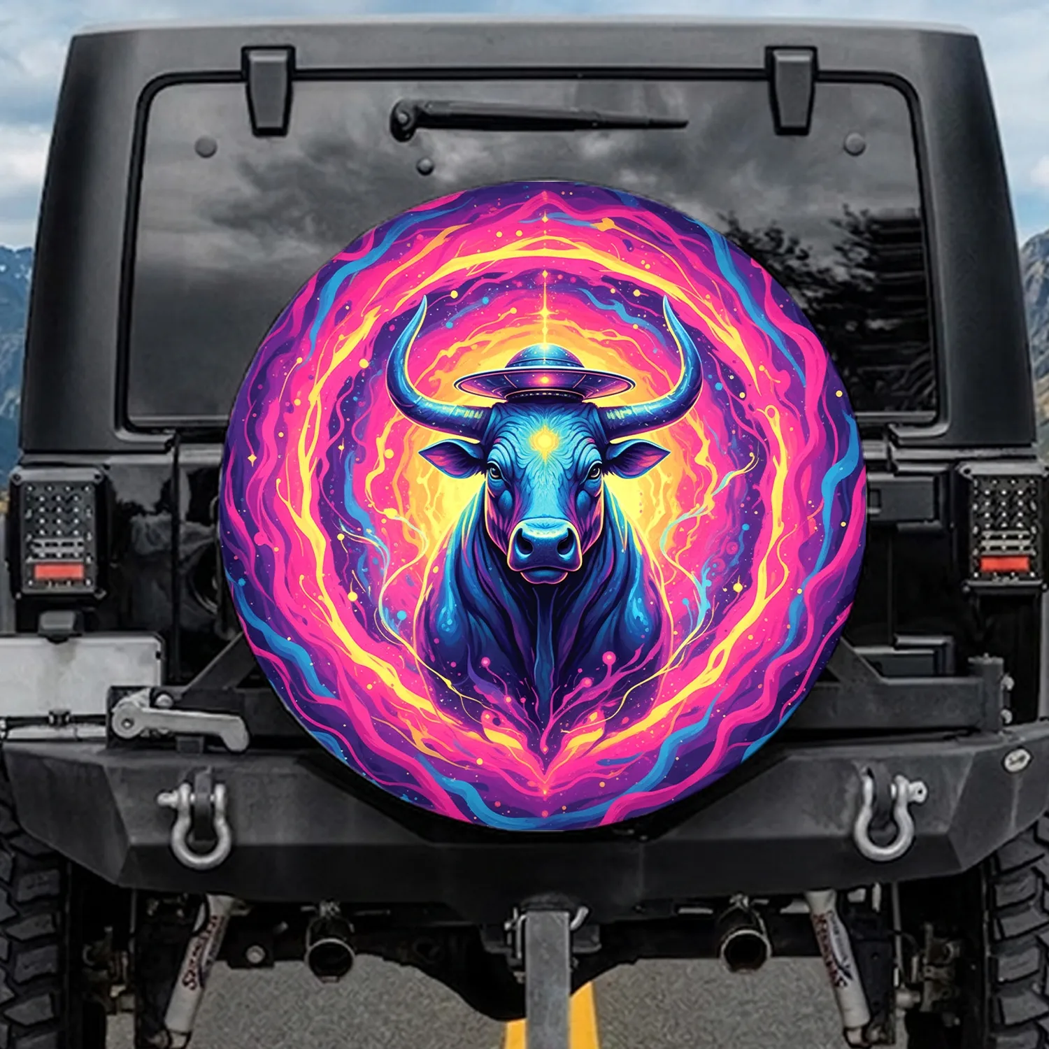 Stylized Bull Metallic Hat Cosmic Energy Nebula – Psychedelic Art Enthusiast Gift Spare Tire Cover - 1