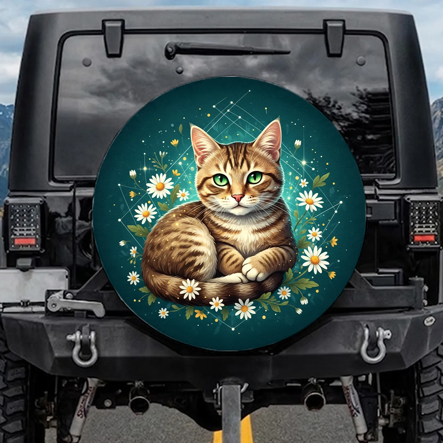 Tabby Cat Green Eyes Pink Nose Relaxed Pose Daisies Floral Leaves - Cat Lover Gift Spare Tire Cover - 1