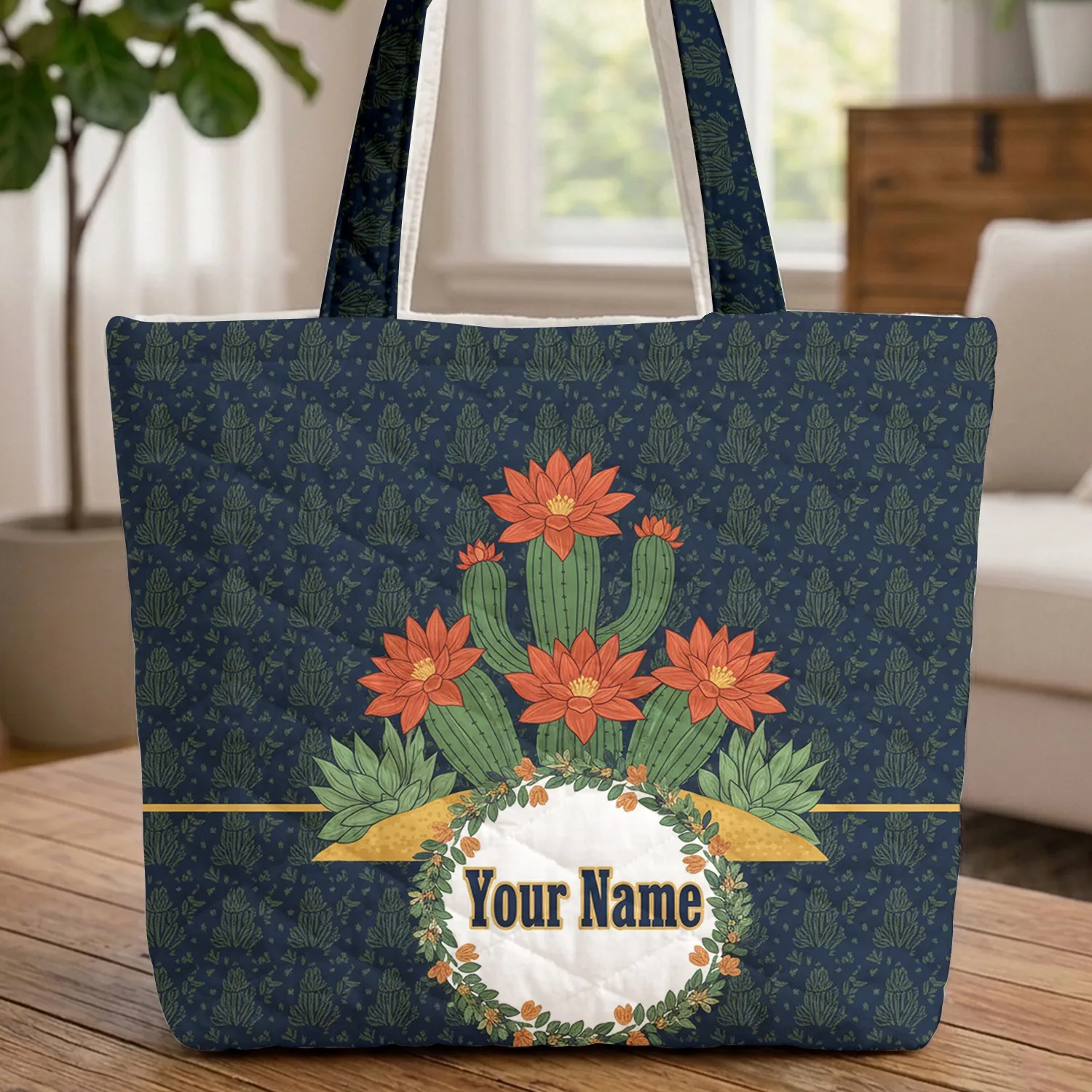 Ornate Desert Cacti Blooms Botanical Wreath - Everyday Carry Gift for Gardener Quilted Tote Bag - 1