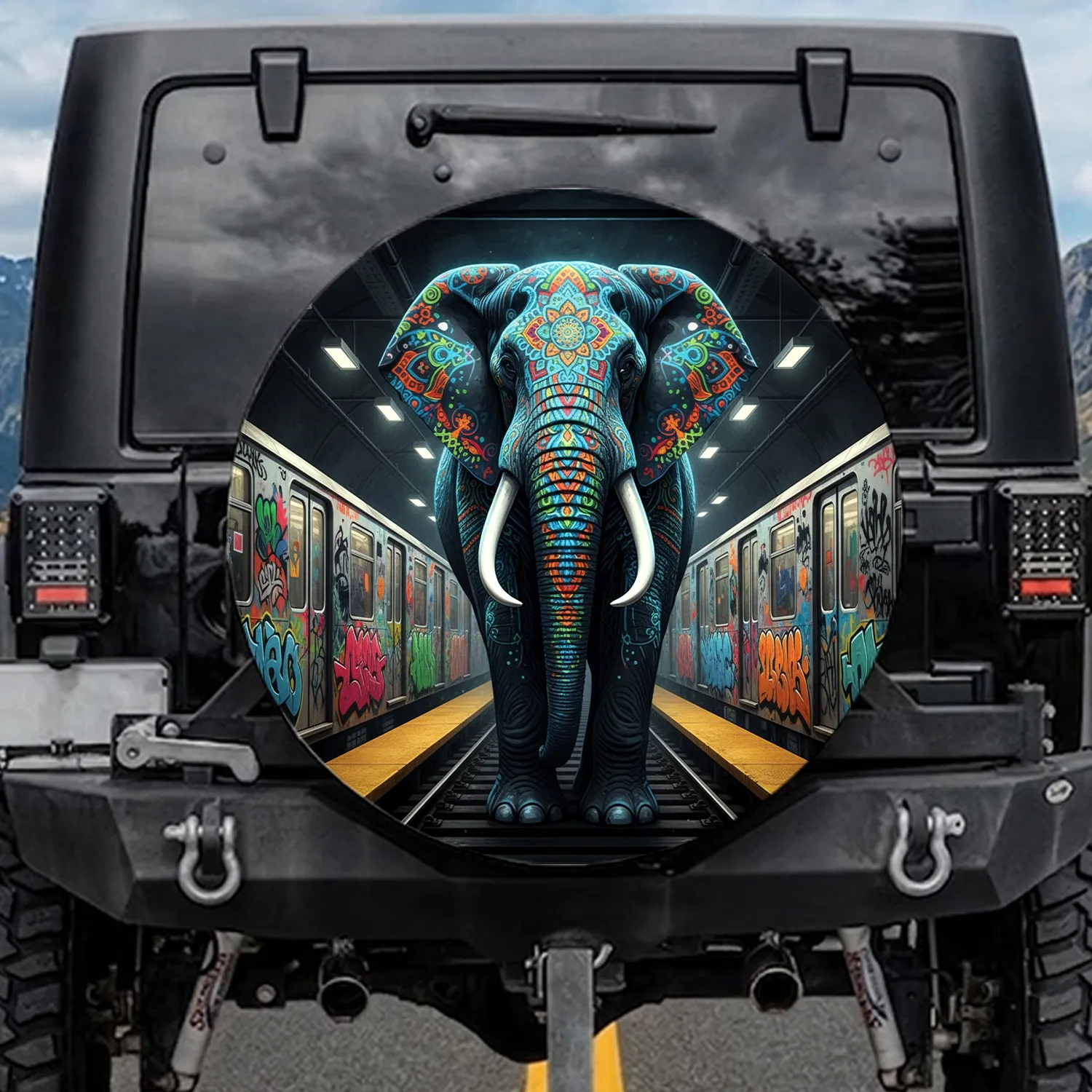 Majestic Black Elephant Mandala Subway Train Graffiti - Elephant Lover Gift Spare Tire Cover - 1