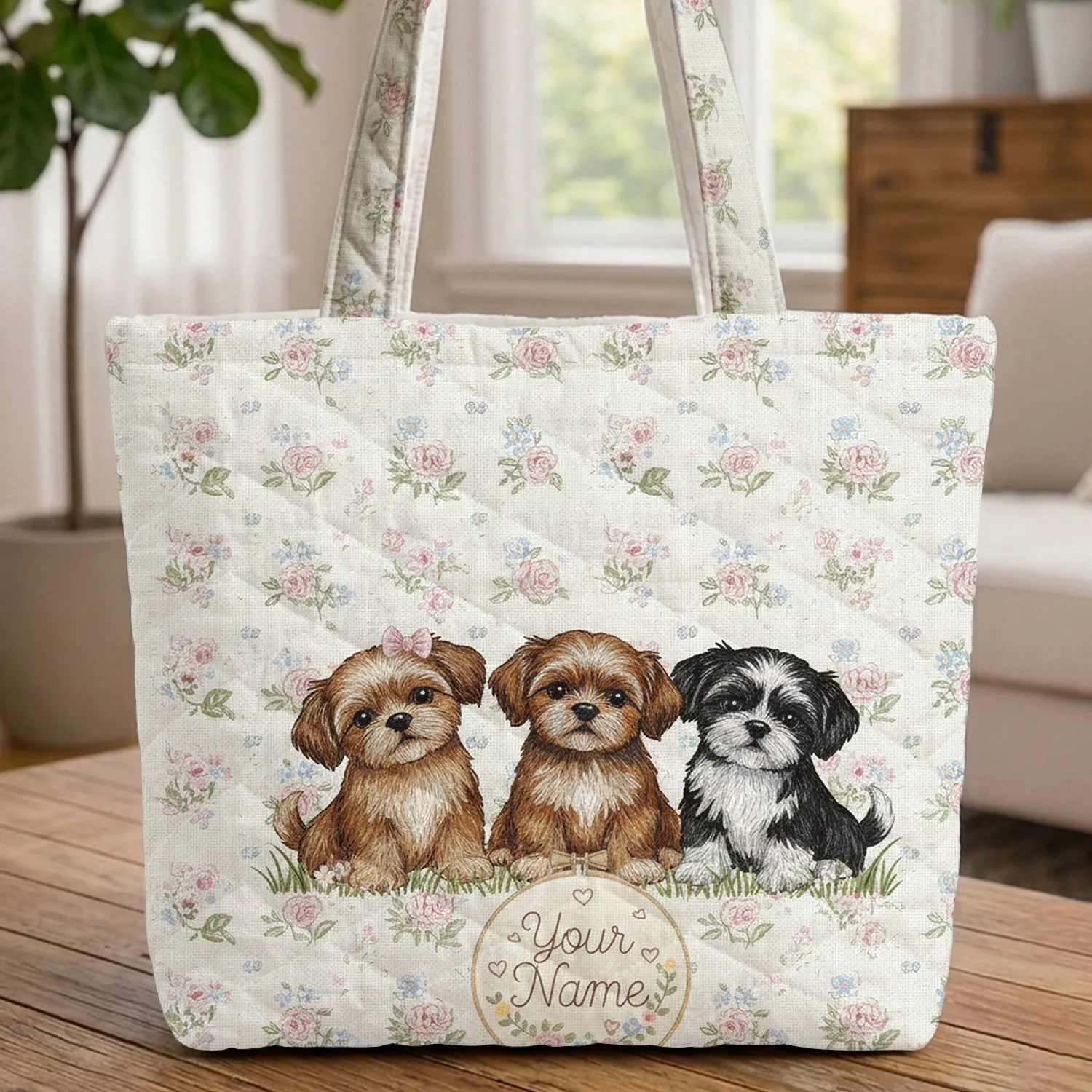 Shih Tzu Puppies Floral Custom Name - Everyday Carry Gift for Puppy Lover Quilted Tote Bag - 1