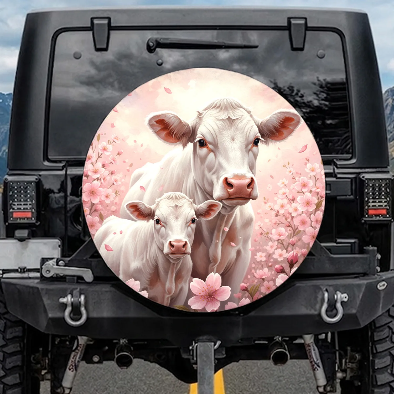 White Cow Pink Cherry Blossom Wildflower Farmhouse Decor Cow Lover Gift Spare Tire Cover - 1