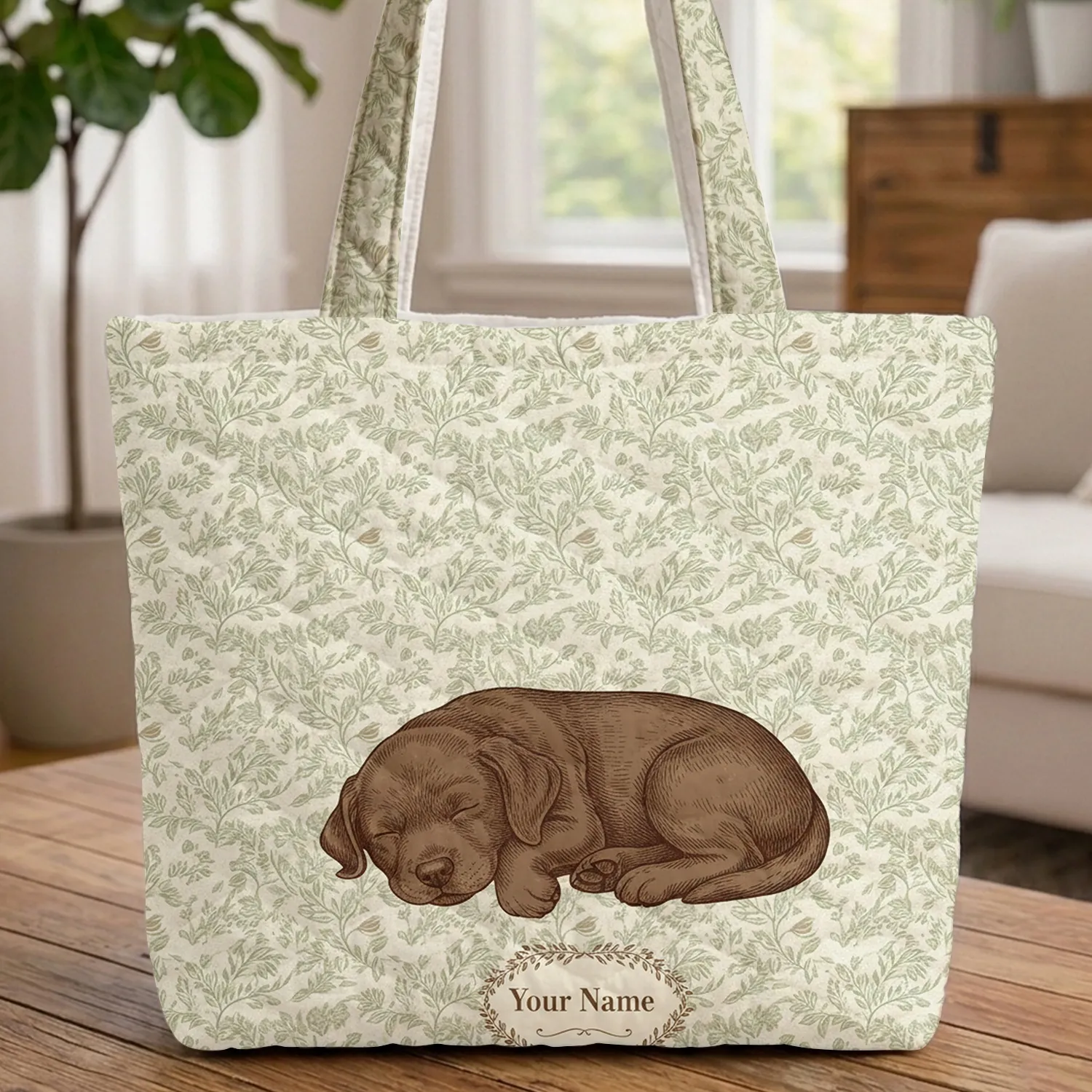 Sleeping Chocolate Labrador Puppy Botanical Leaves Floral Wreath - Dog Lover Gift Quilted Tote Bag - 1