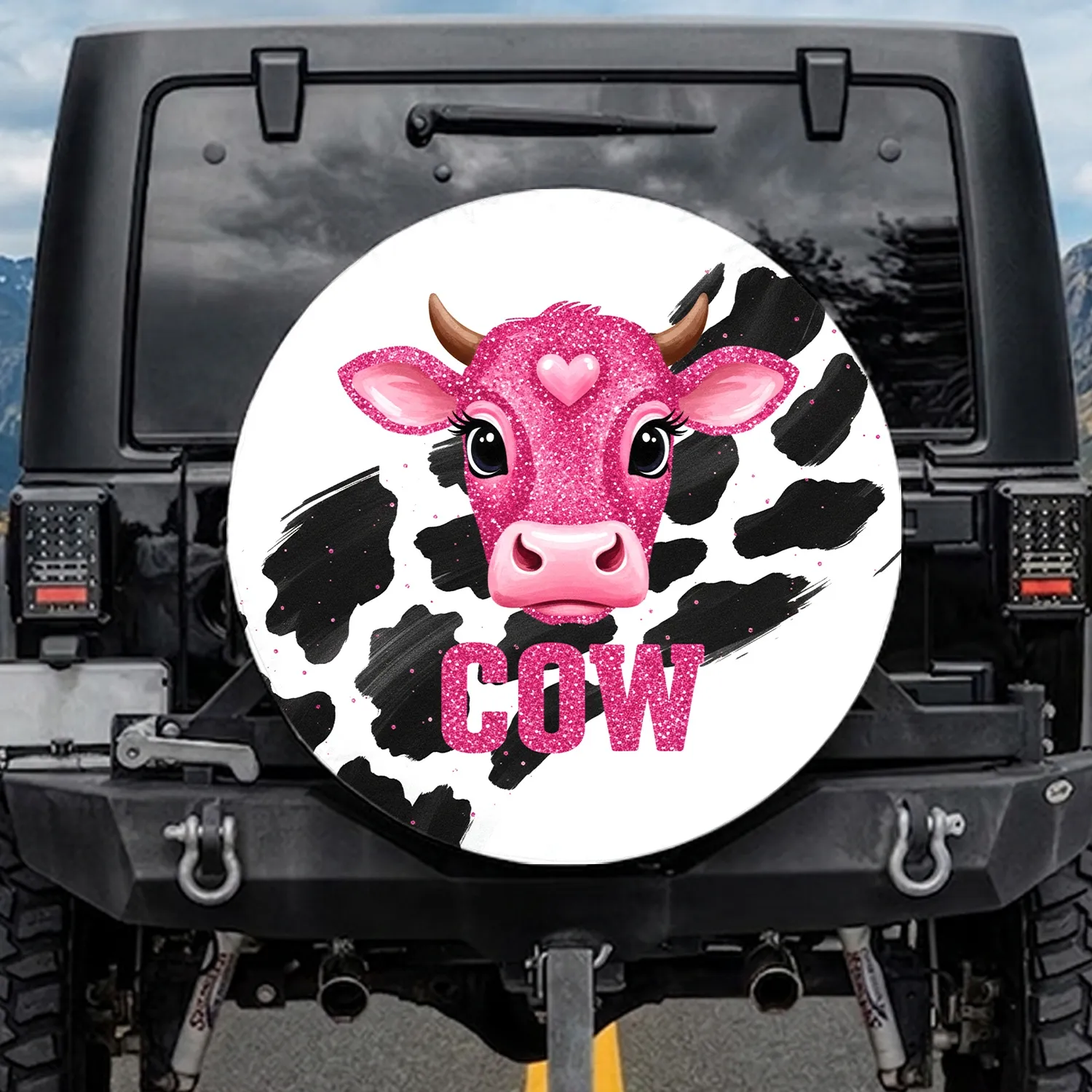 Pink Glitter Cow Head Heart - Farmhouse Decor Cow Lover Gift Spare Tire Cover - 1