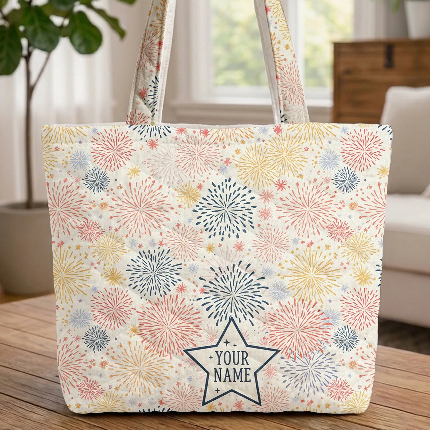 Scattered Ornate Firework Bursts Compact Star Name - Personalized Everyday Carry Gift Quilted Tote Bag - 1