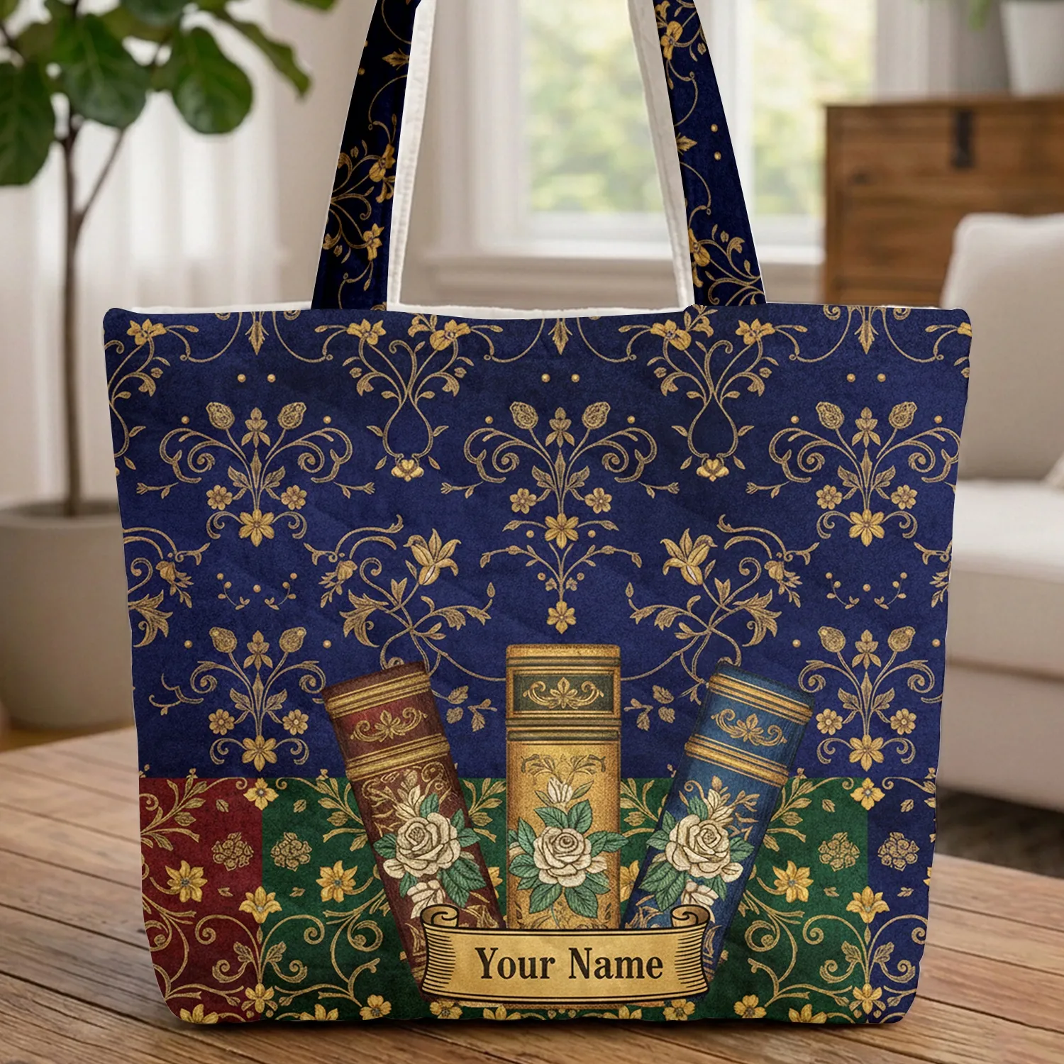 Ornate Book Spines Gold Botanical Scroll Roses Personalized - Everyday Carry Gift Quilted Tote Bag - 1