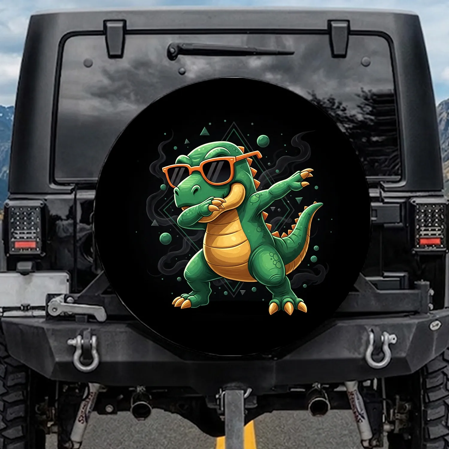 Cartoon Dinosaur Dabbing Sunglasses - Vehicle Decor Gift for Dinosaur Lover Spare Tire Cover - 1