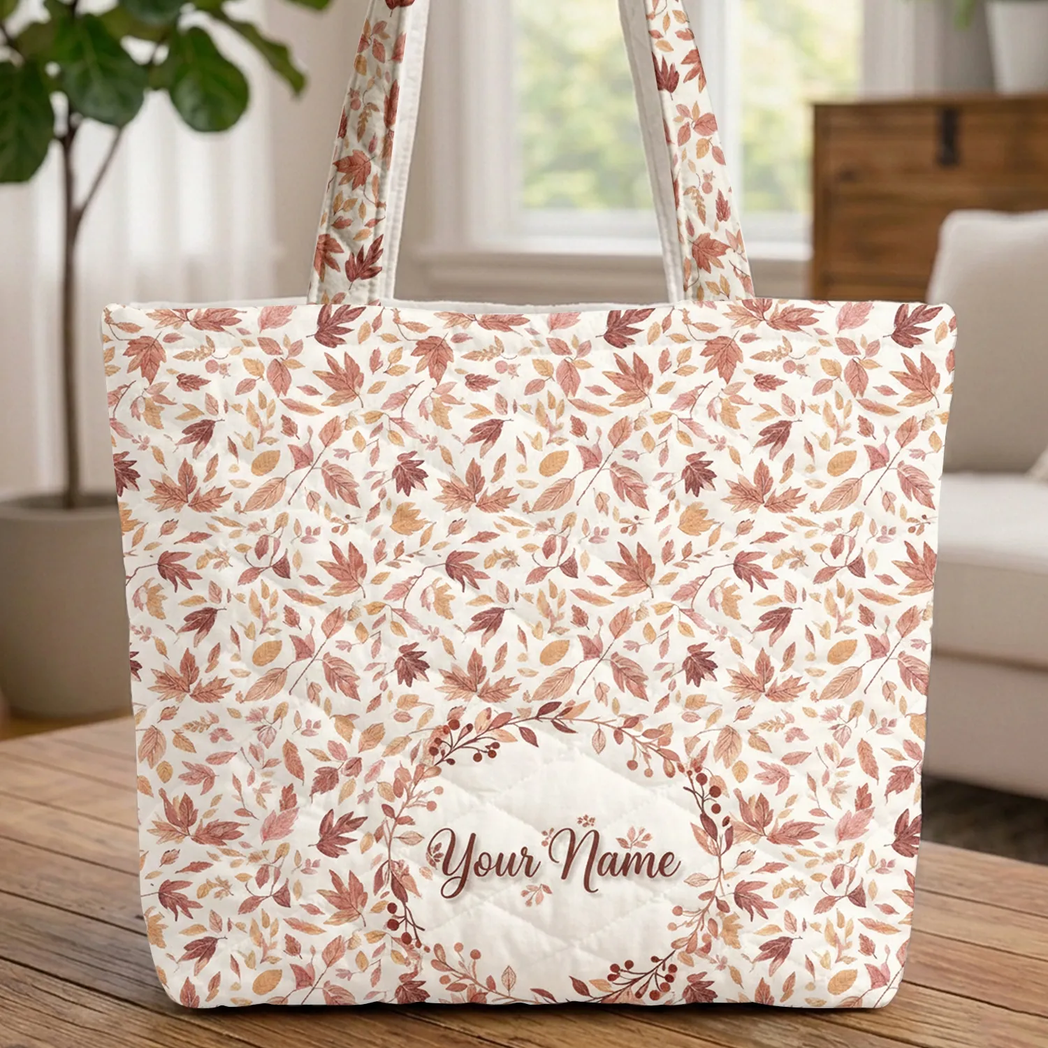 Autumn Leaves Garland Personalized Name - Fall Season Everyday Carry Gift Quilted Tote Bag - 1