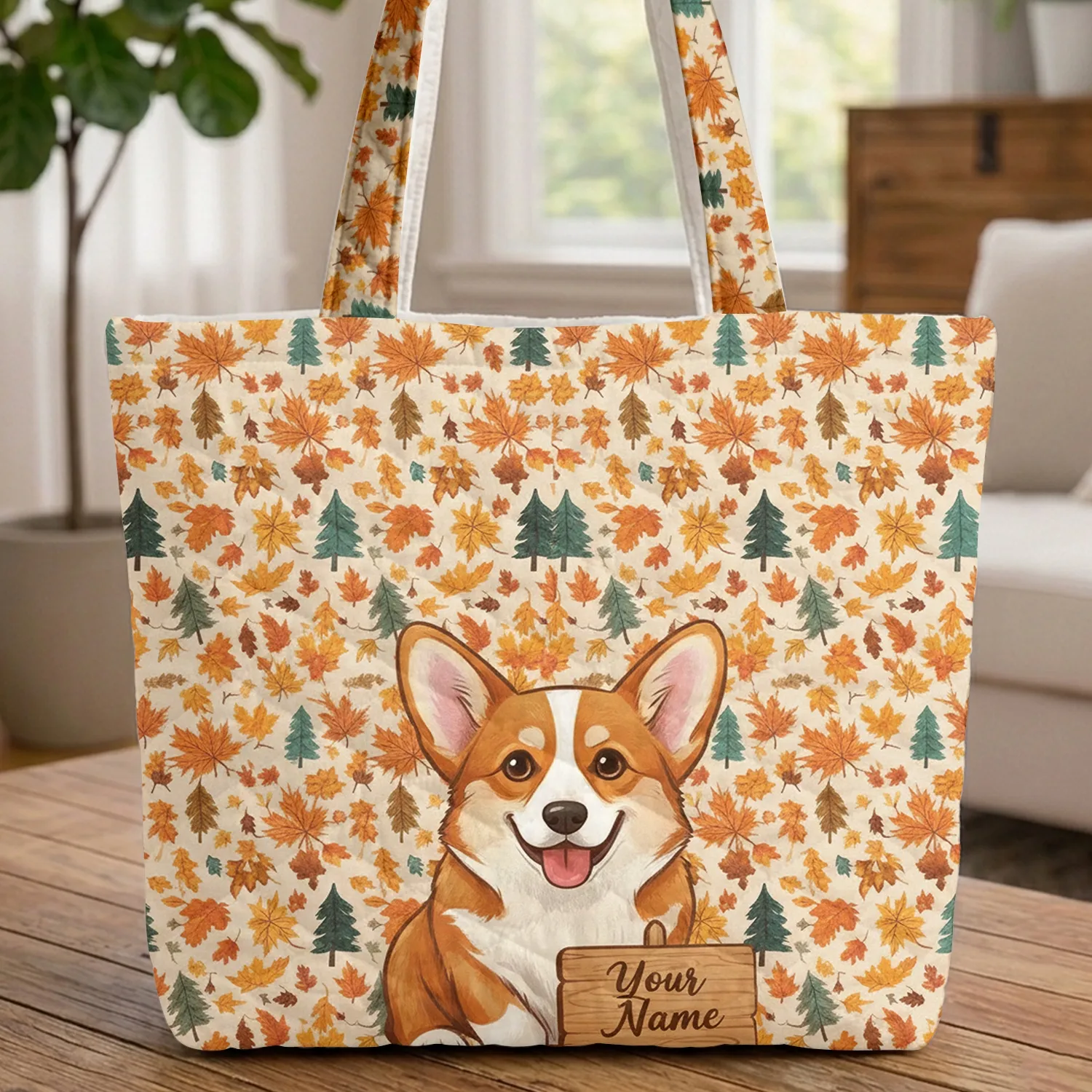 Pembroke Welsh Corgi Autumn Leaves Pine Trees Wooden Sign - Dog Lover Everyday Carry Gift Quilted Tote Bag - 1