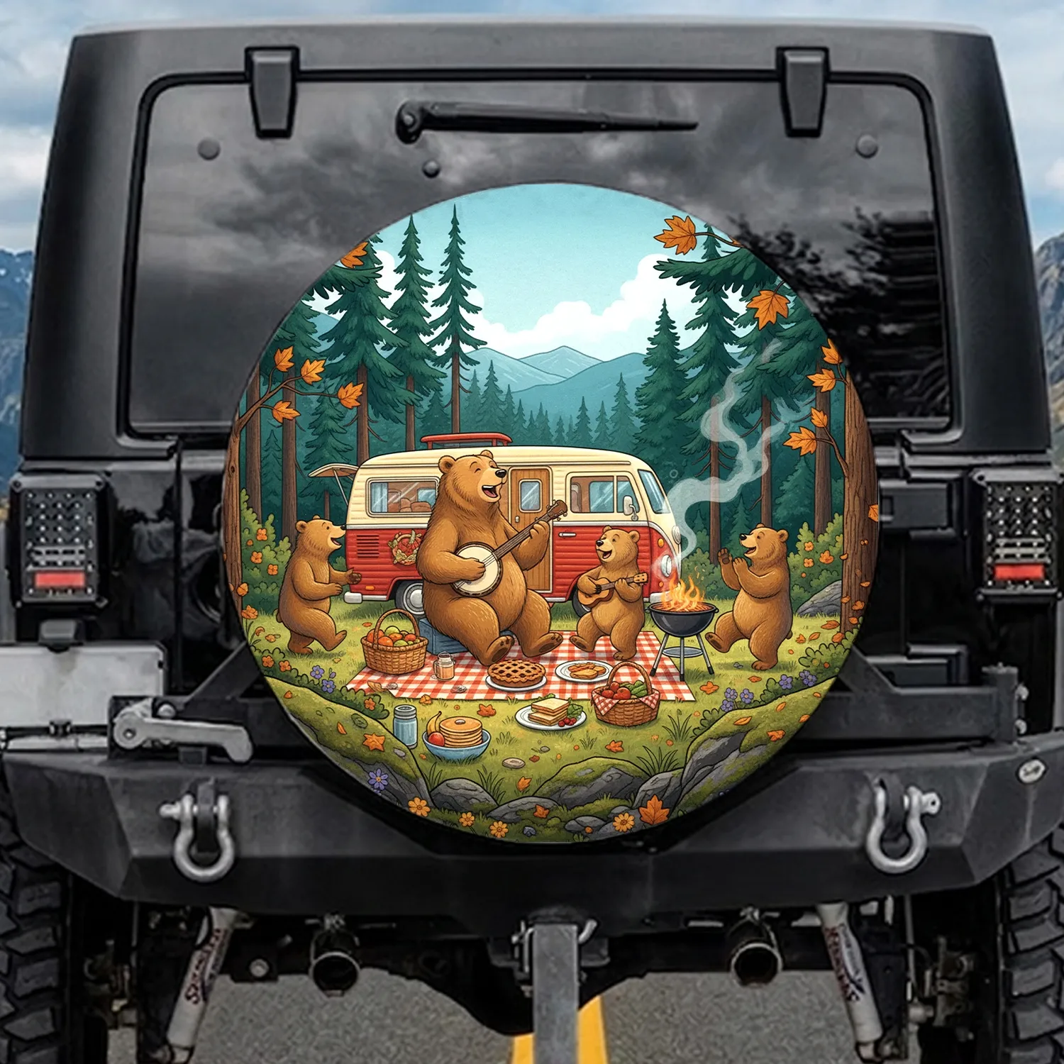 Woodland Bears Picnic Camper Van - Road Trip Camping Adventure Gift Spare Tire Cover - 1