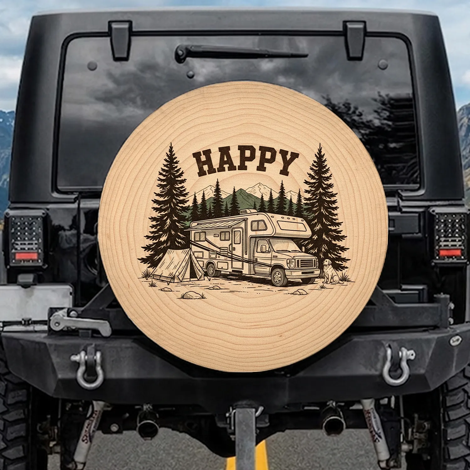 Happy RV Camping Mountain Wood Grain - Outdoor Travel Gift for RVers Spare Tire Cover - 1