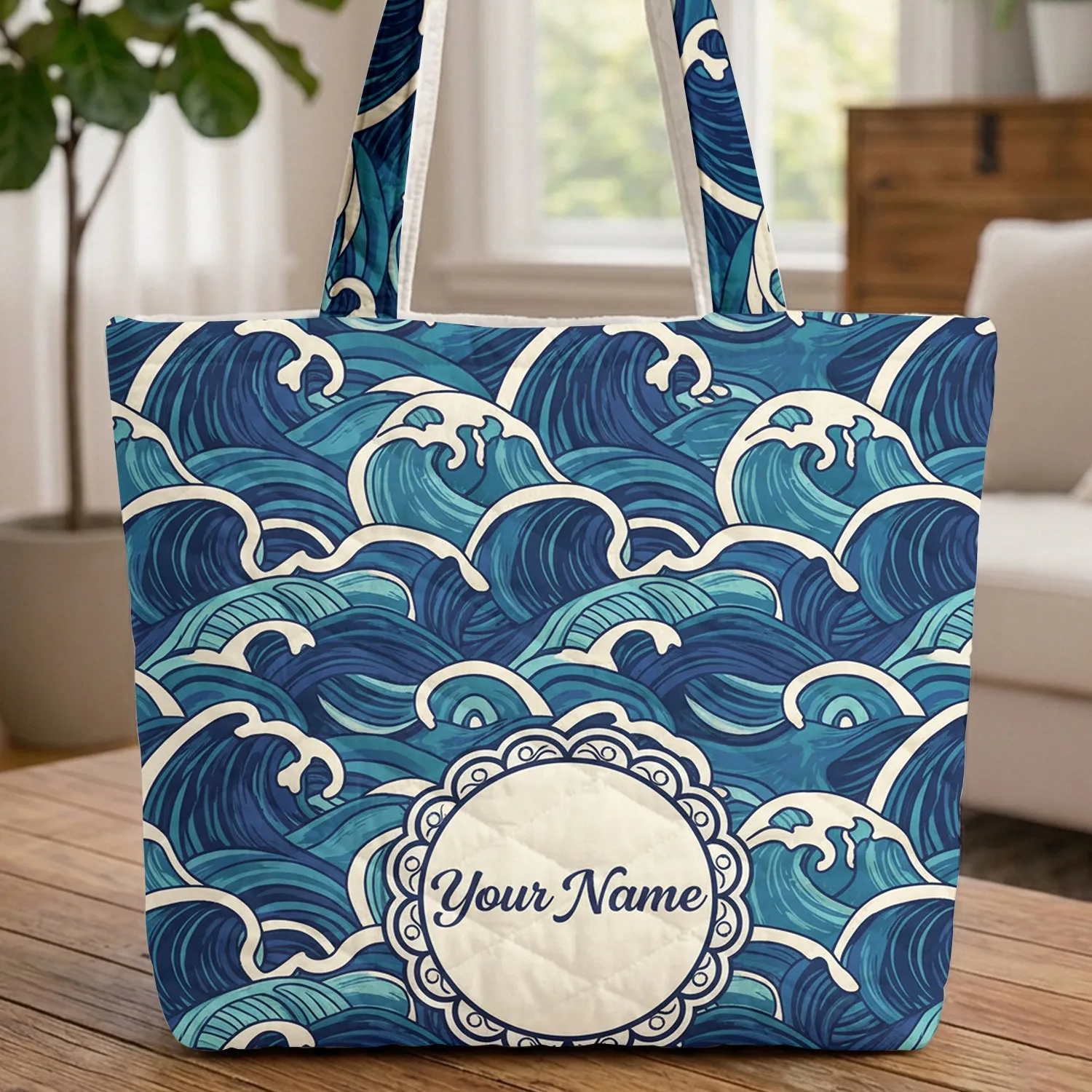 Flowing Ocean Waves Calligraphy Name Medallion - Everyday Carry Gift Quilted Tote Bag - 1