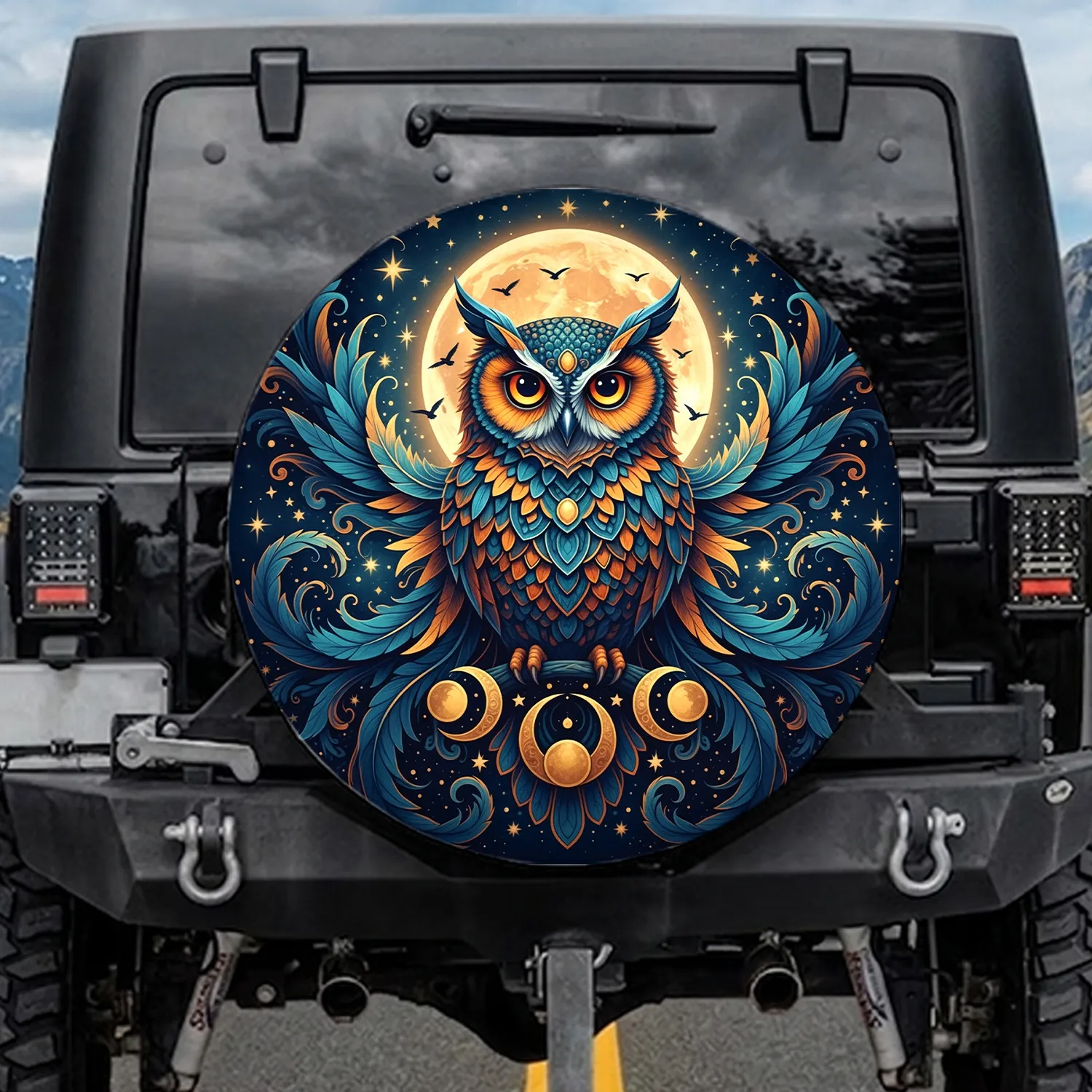 Owl Full Moon Golden Stars Flying Birds Celestial Sky - Wildlife Outdoor Explorer Gift Spare Tire Cover - 1