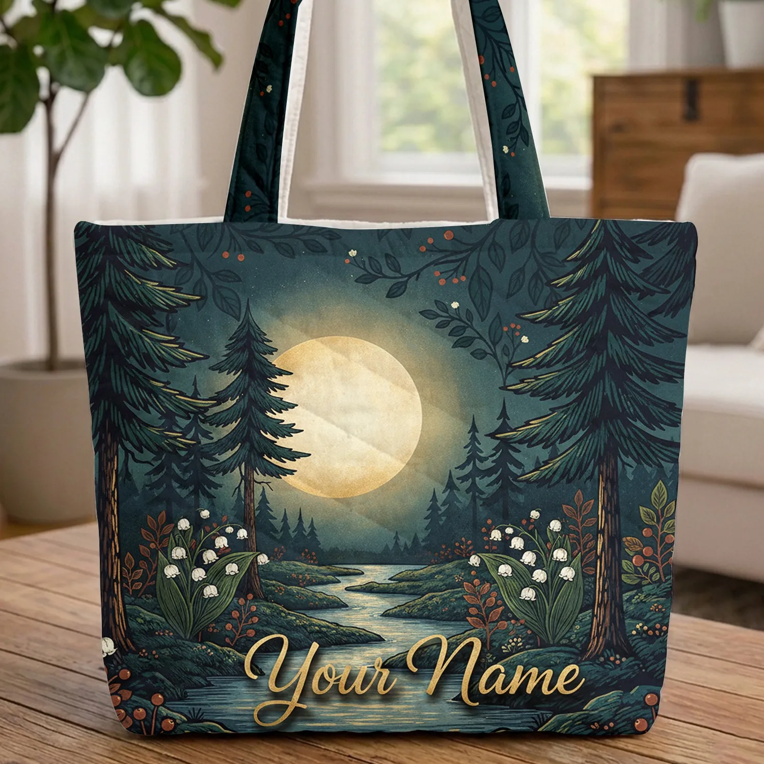 Moonlit Forest Pine Tree Lily Berry Personalized Name - Travel Essentials Quilted Tote Bag - 1