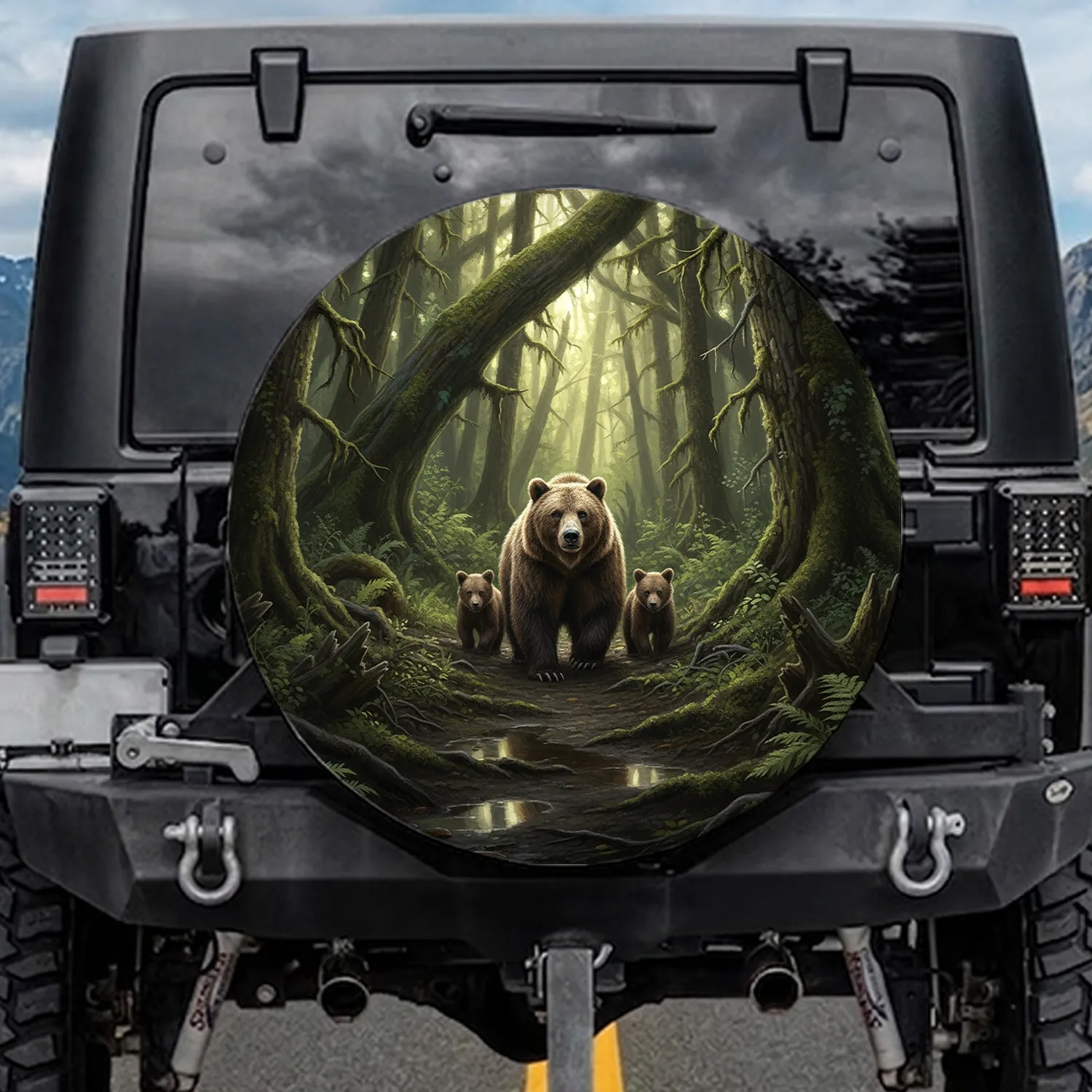 Grizzly Bear Family Pacific Northwest Forest Path - Wildlife Lover Gift Spare Tire Cover - 1