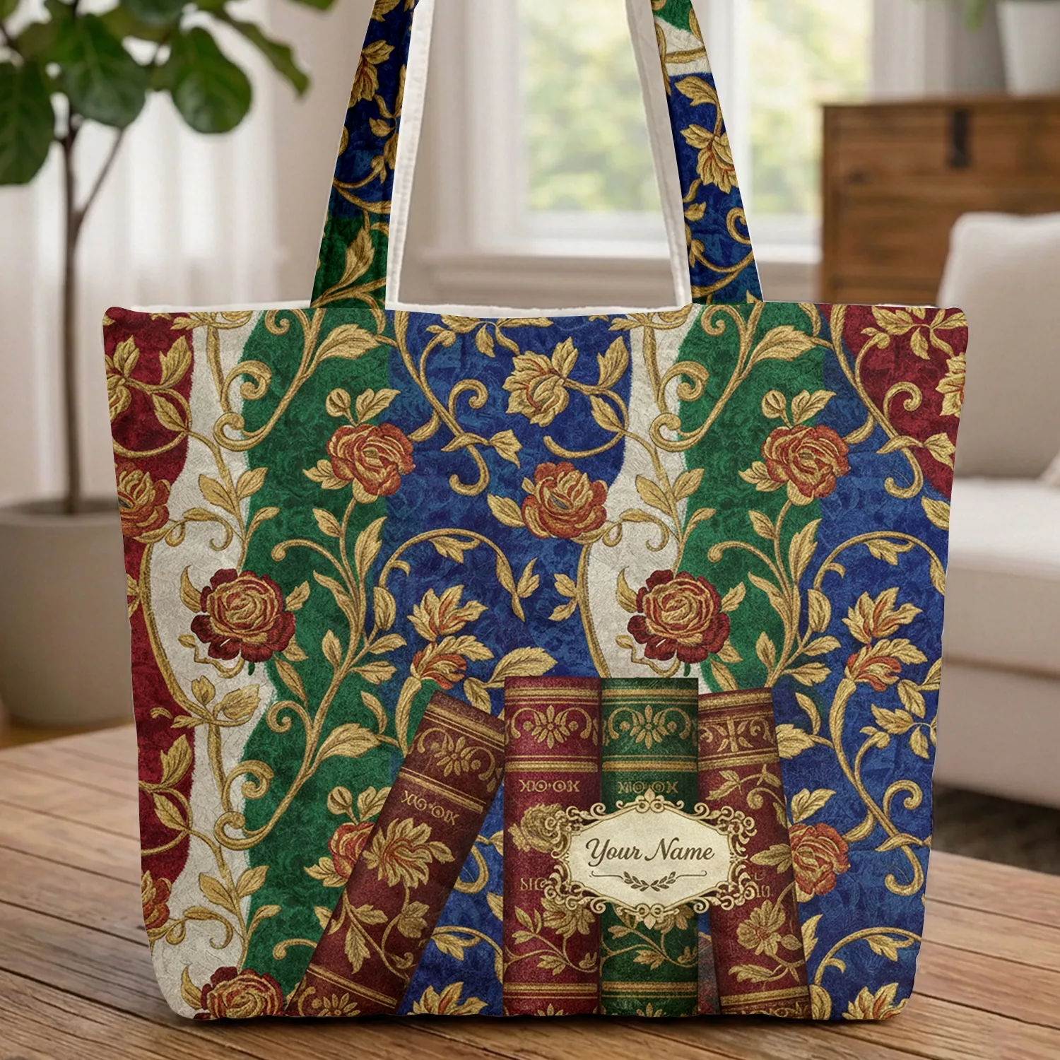 Ornate Antique Book Spines Gold Botanical Roses Scroll Bookish Travel Essentials Quilted Tote Bag - 1