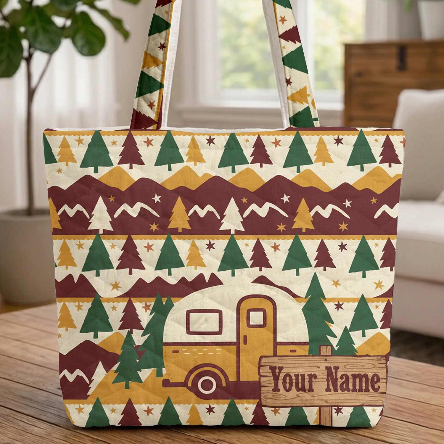 Retro Travel Trailer Evergreen Forest Mountain - Travel Essentials Gift Quilted Tote Bag - 1