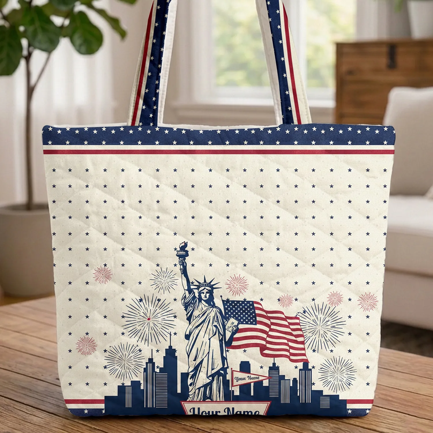 Statue of Liberty American Flag Fireworks Cityscape - Independence Day Carry Gift Quilted Tote Bag - 1