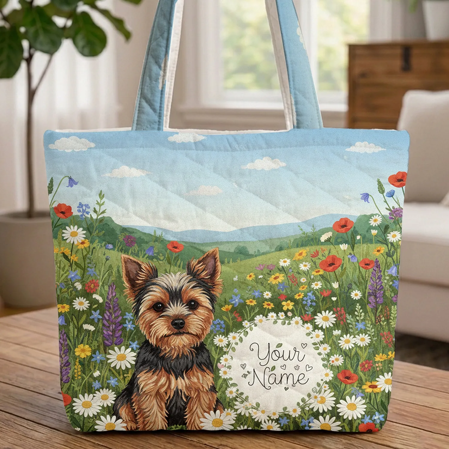 Yorkshire Terrier Wildflower Meadow Floral Wreath - Dog Lover Everyday Carry Gift Quilted Tote Bag - 1