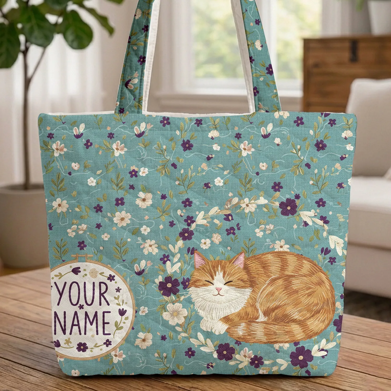 Ginger Striped Cat Name Hoop Botanical - Everyday Carry Gift for Cat Lover Quilted Tote Bag - 1