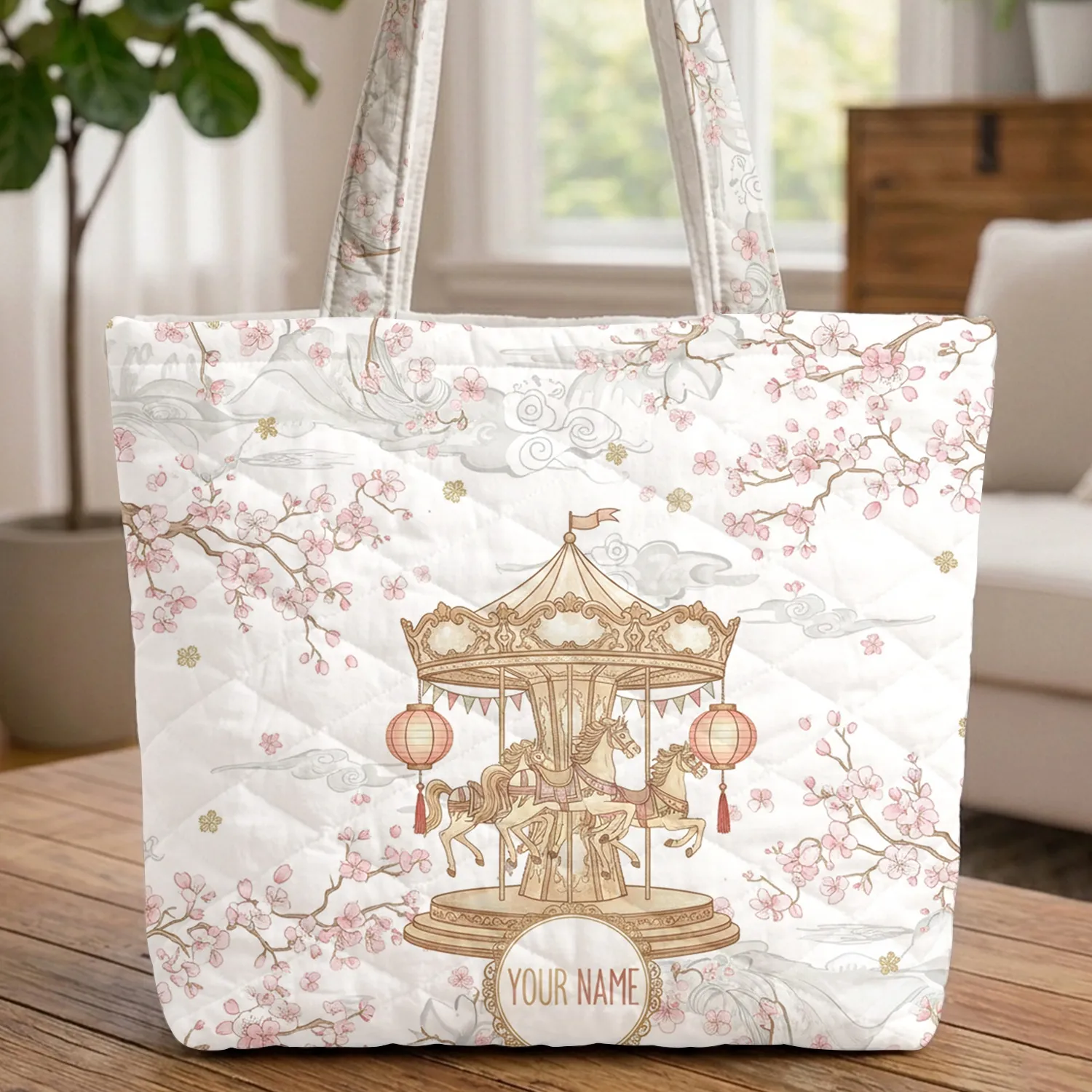 Cherry Blossom Carousel Horses Gold Floral Japanese Lanterns Everyday Carry Gift Quilted Tote Bag - 1