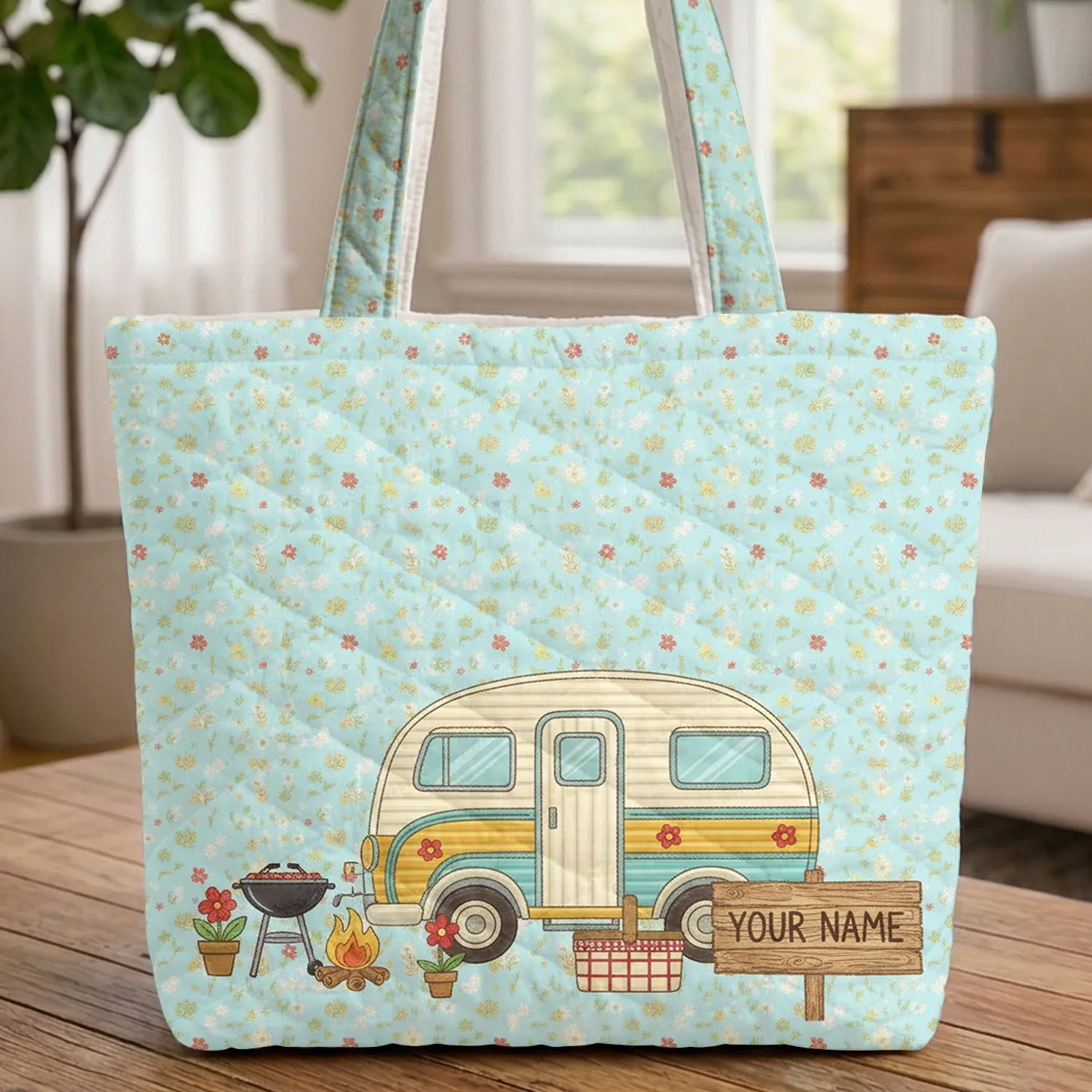 Vintage Camper Van Wildflower Rustic Sign - Travel Essentials Gift Quilted Tote Bag - 1