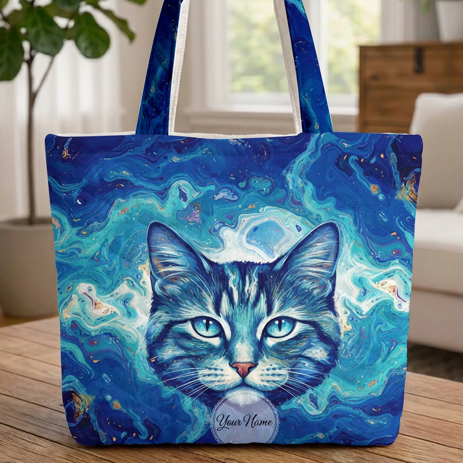 Personalized Luminous Cat Face Liquid Art - Everyday Carry Gift for Cat Lover Quilted Tote Bag - 1