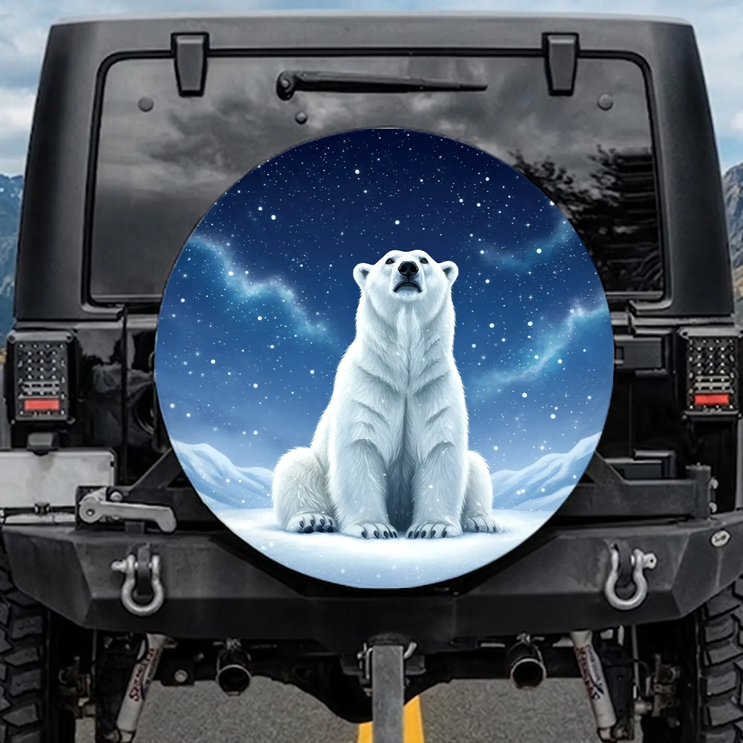 Fluffy Polar Bear Sparkling Starry Arctic Night - Wildlife Lover Gift Spare Tire Cover - 1