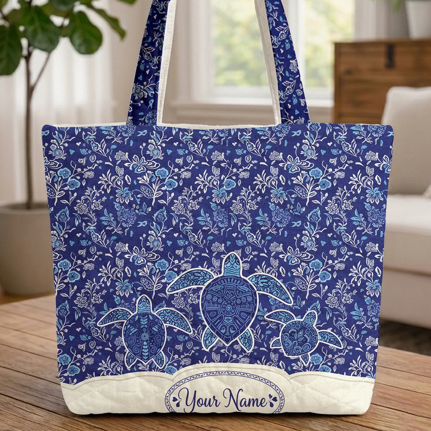 Batik Indigo Sea Turtles Your Name Oval - Everyday Carry Gift for Sea Turtle Lover Quilted Tote Bag - 1
