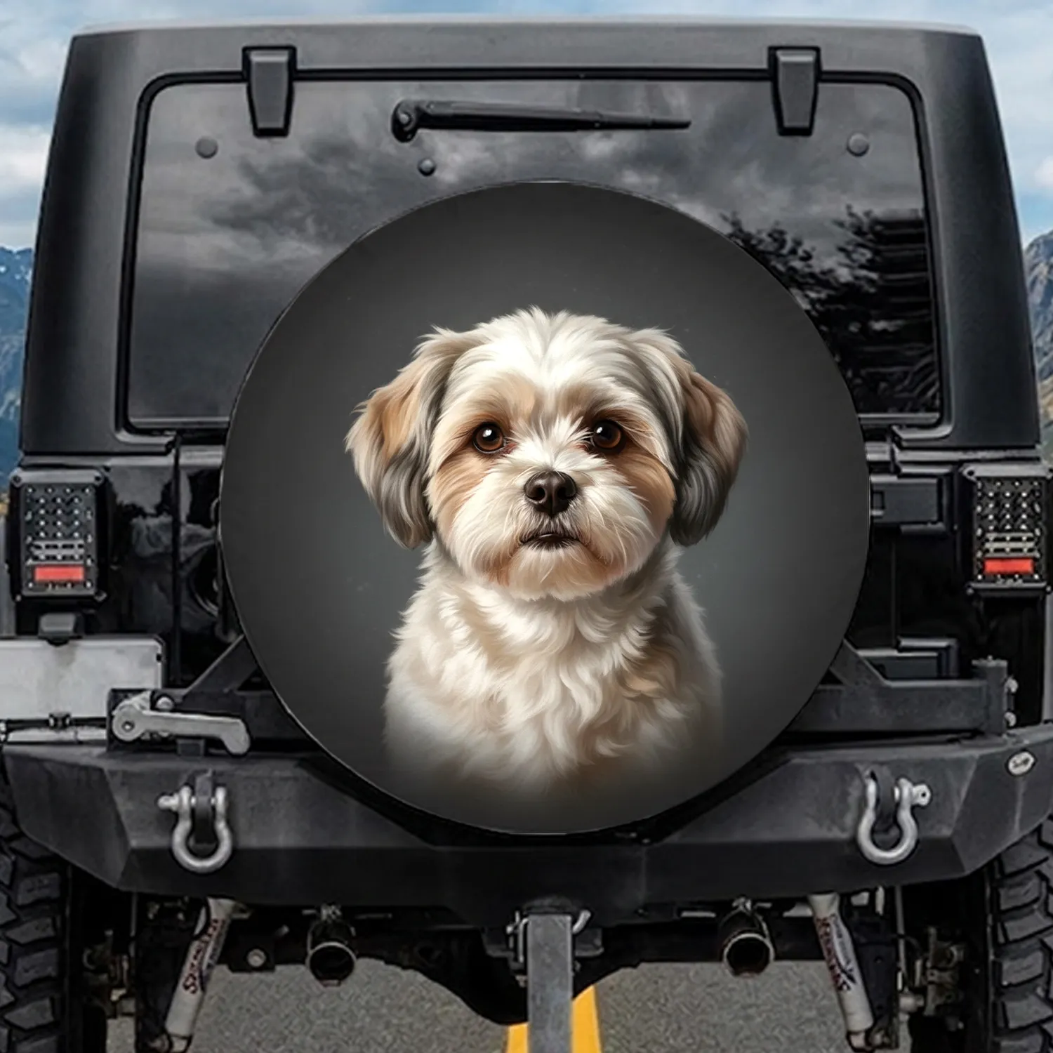 Fluffy Shih Tzu Havanese Mix Dog with Cream Grey Fur - Car Decor Gift for Dog Lovers Spare Tire Cover - 1