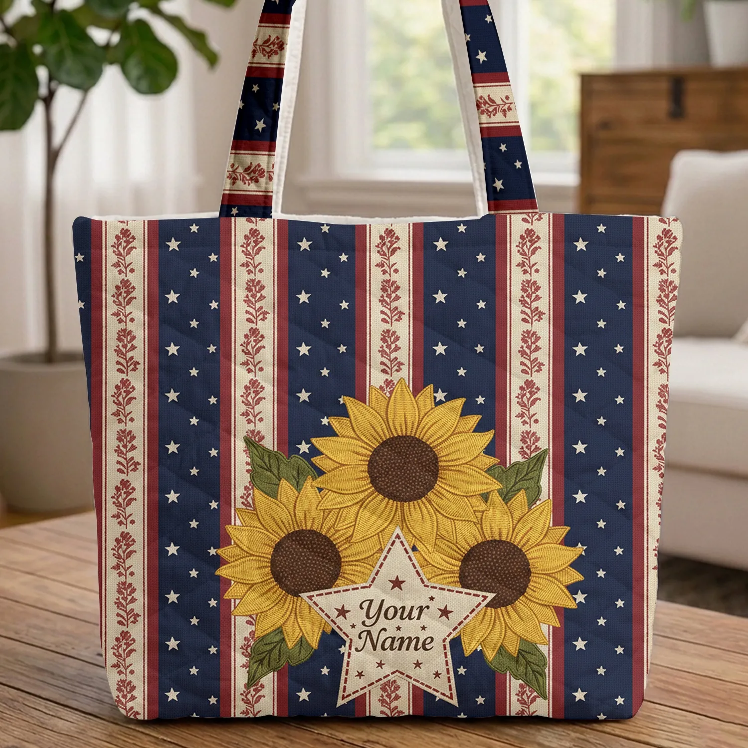Golden Sunflowers Green Leaves White Stars Floral Personalized Everyday Carry Gift Quilted Tote Bag - 1