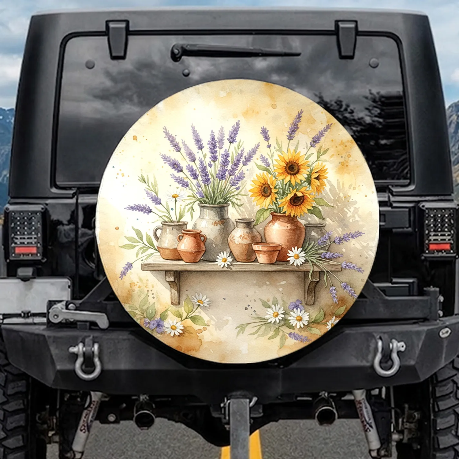 Rustic Vases Lavender Purple Wildflowers Sunflowers Farmhouse Decor Gift Spare Tire Cover - 1