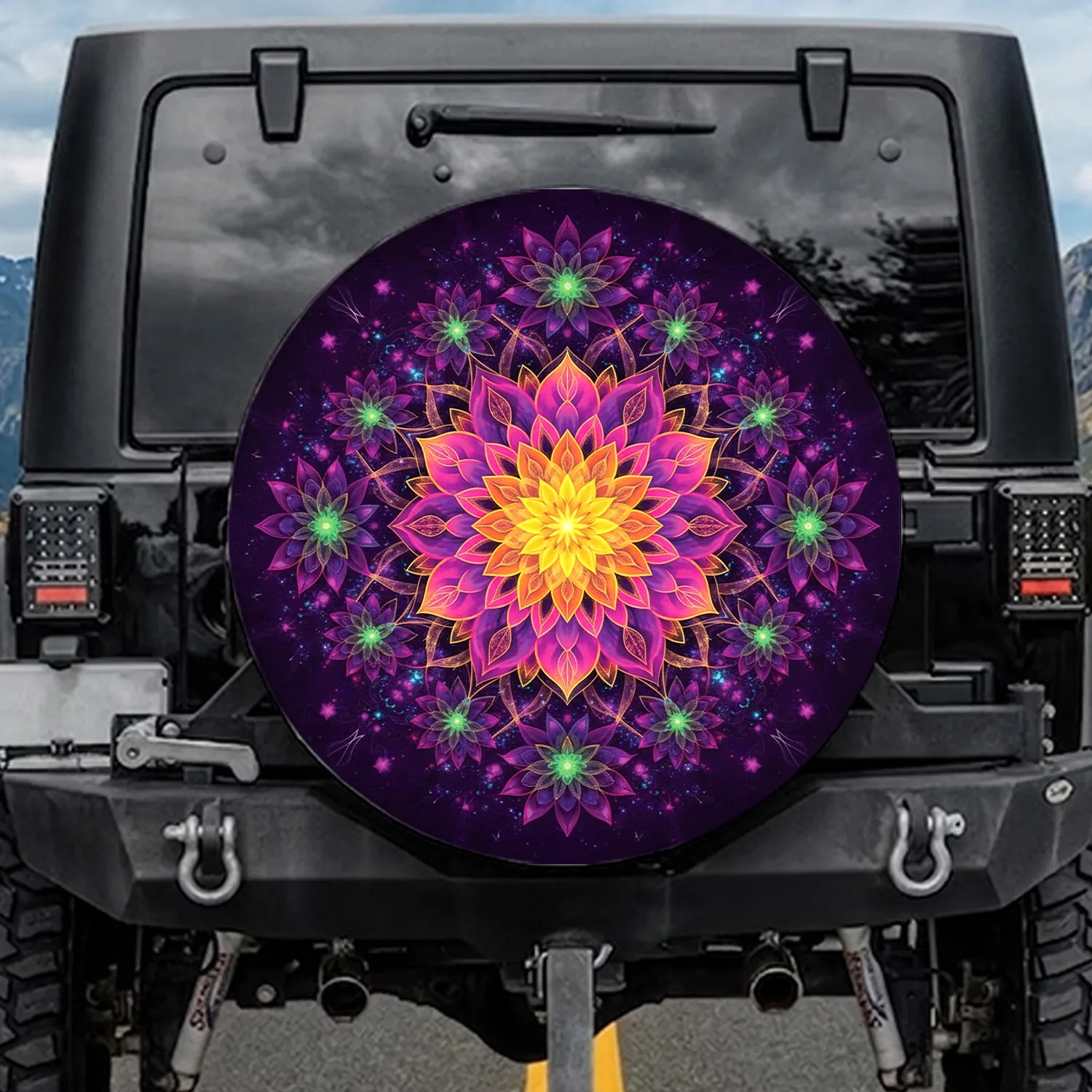 Glowing Mandala Flowers Cosmic Energy Stardust - Cosmic Car Decor Gift Spare Tire Cover - 1