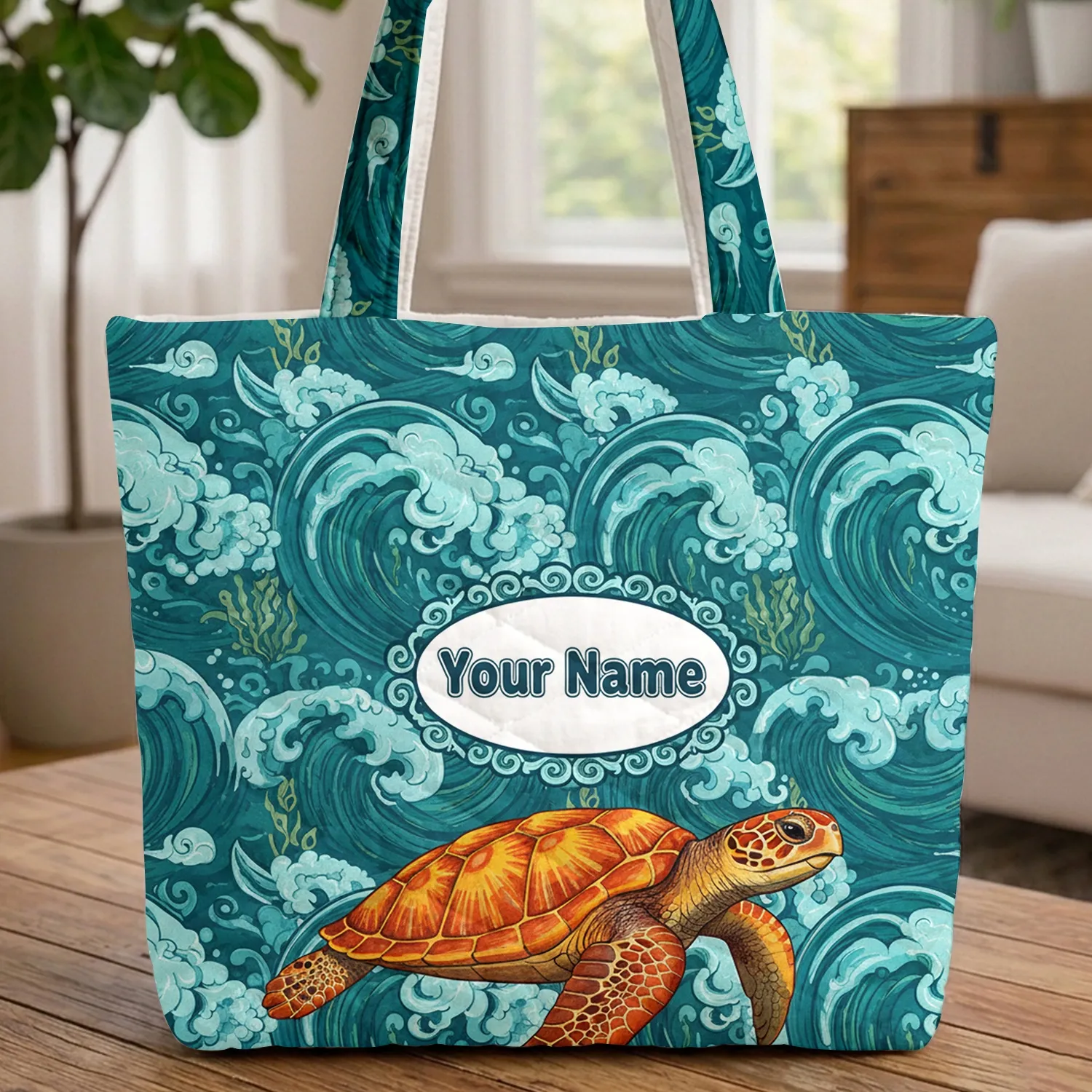 Sea Turtle Ocean Waves Name Medallion - Everyday Carry Lifestyle Gift for Ocean Lovers Quilted Tote Bag - 1