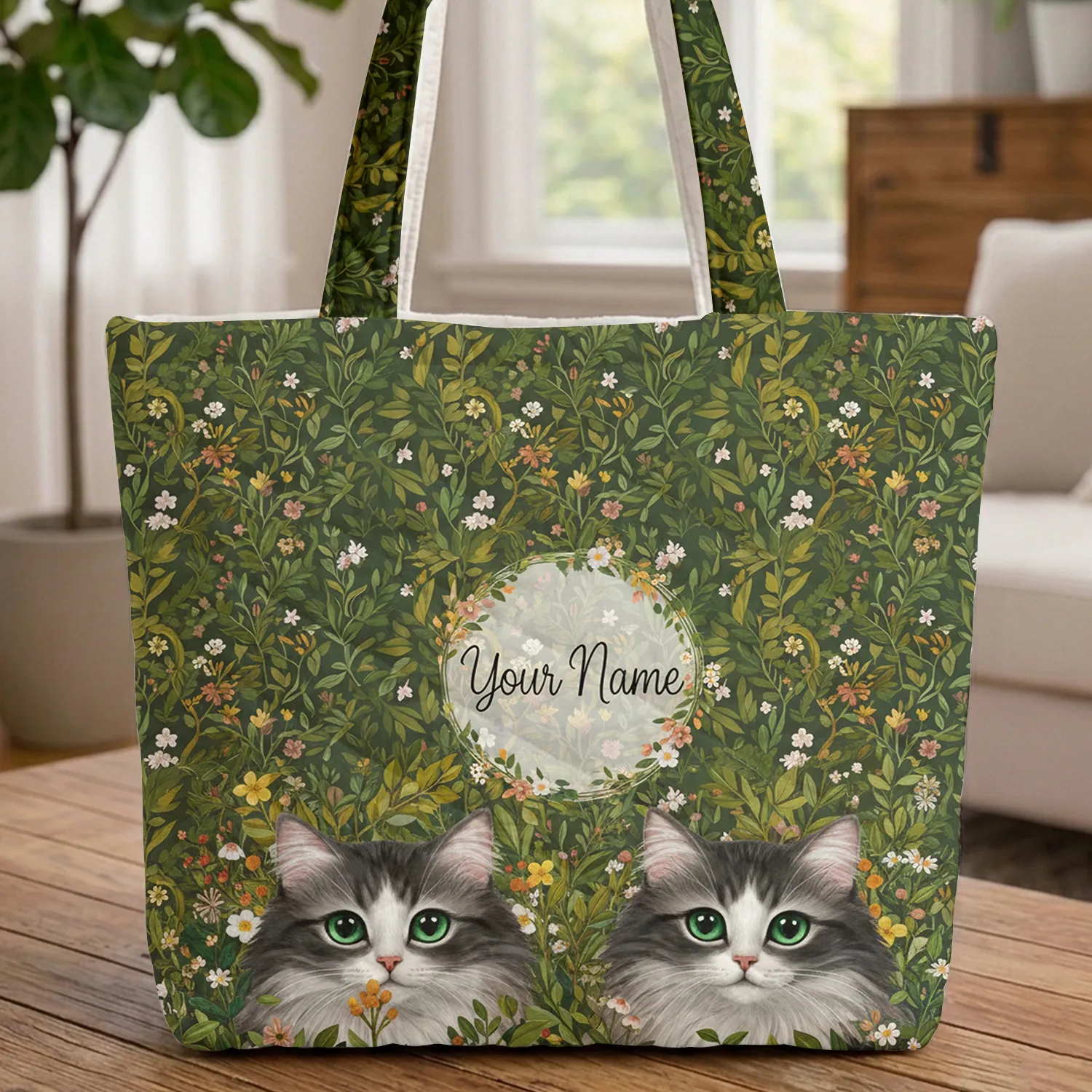 Two Cats Wildflowers Personalized Name - Everyday Carry Gift for Cat Lovers Quilted Tote Bag - 1