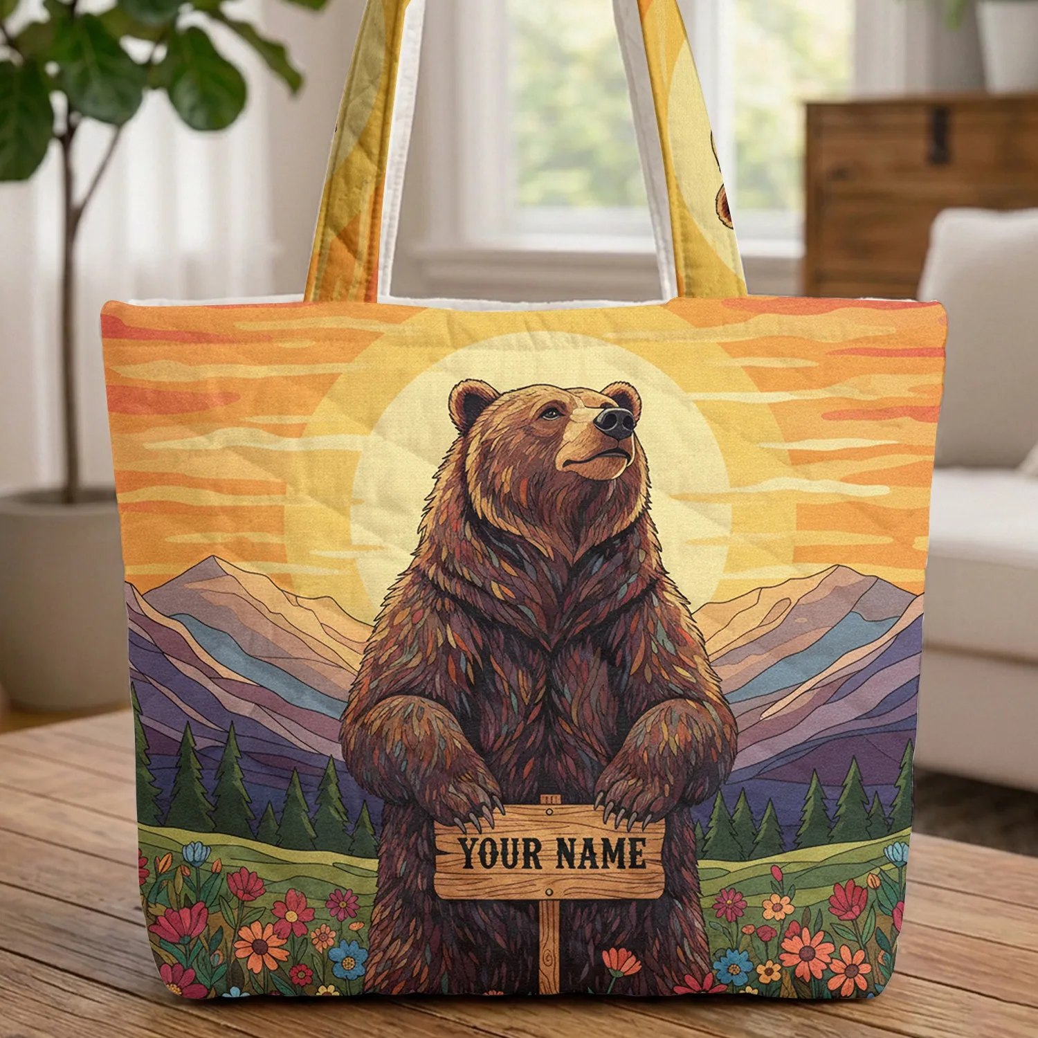 Grizzly Bear Wooden Sign Sunset Mountains Wildflowers - Wildlife Lover Gift Quilted Tote Bag - 1