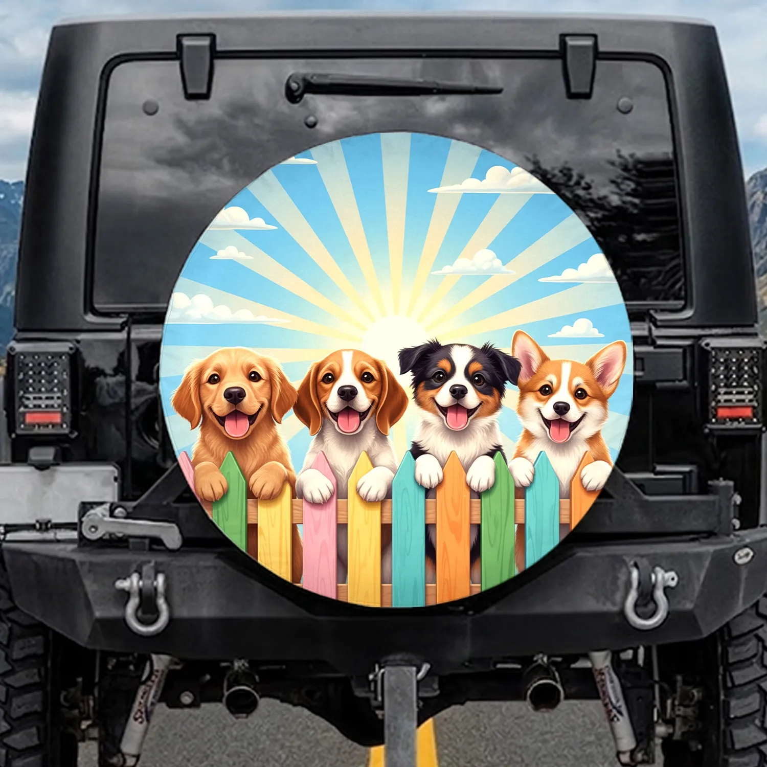 Five Puppies Picket Fence Sunbeams Clouds - Outdoor Decor Gift for Dog Owners Spare Tire Cover - 1