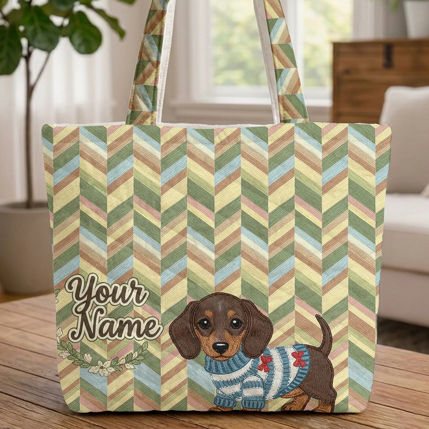 Dachshund Puppy Floral Wreath Interweaving Ribbons Everyday Carry Gift for Dog Lover Quilted Tote Bag - 1