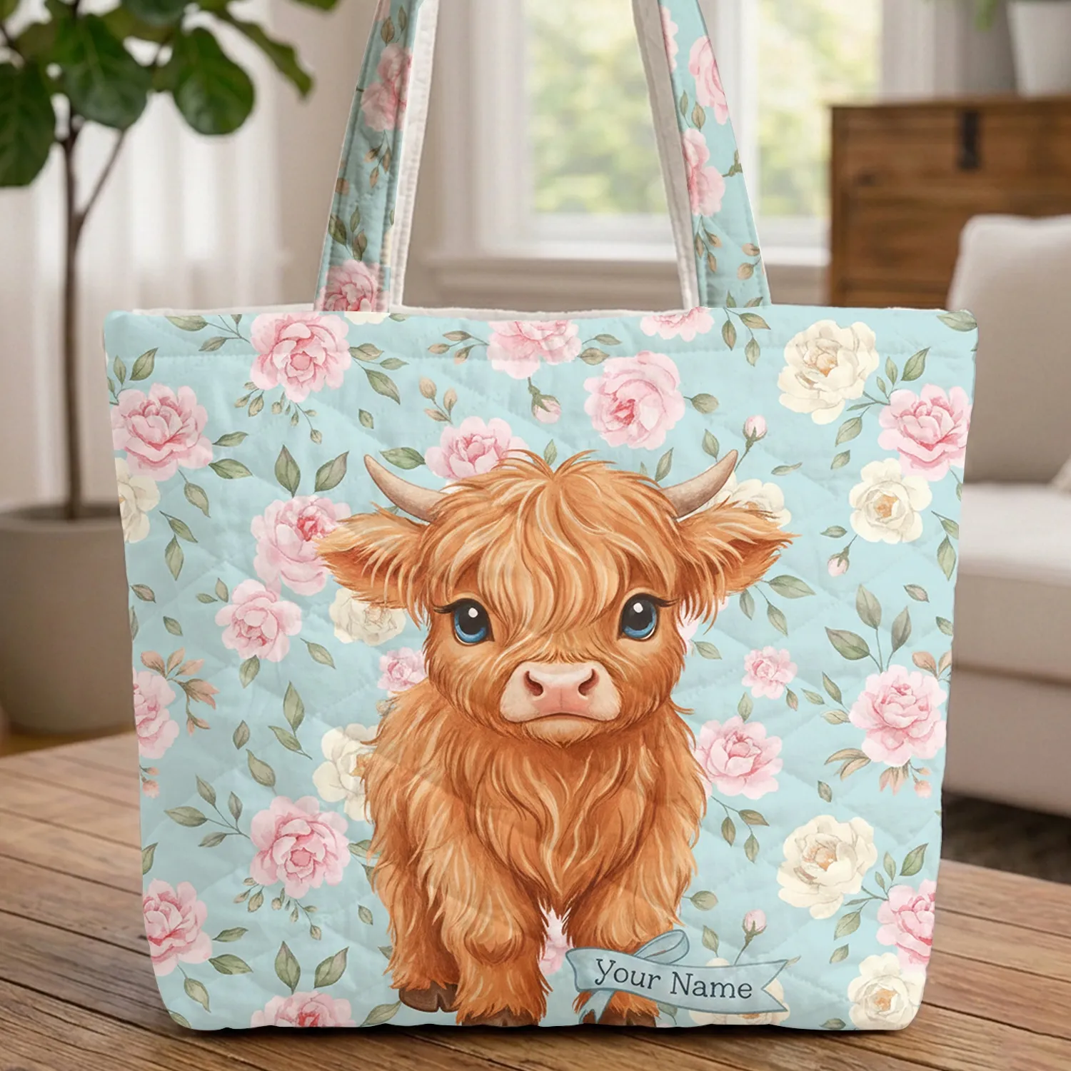 Highland Cow Calf Peony Rose Floral - Everyday Carry Gift for Cow Lover Quilted Tote Bag - 1