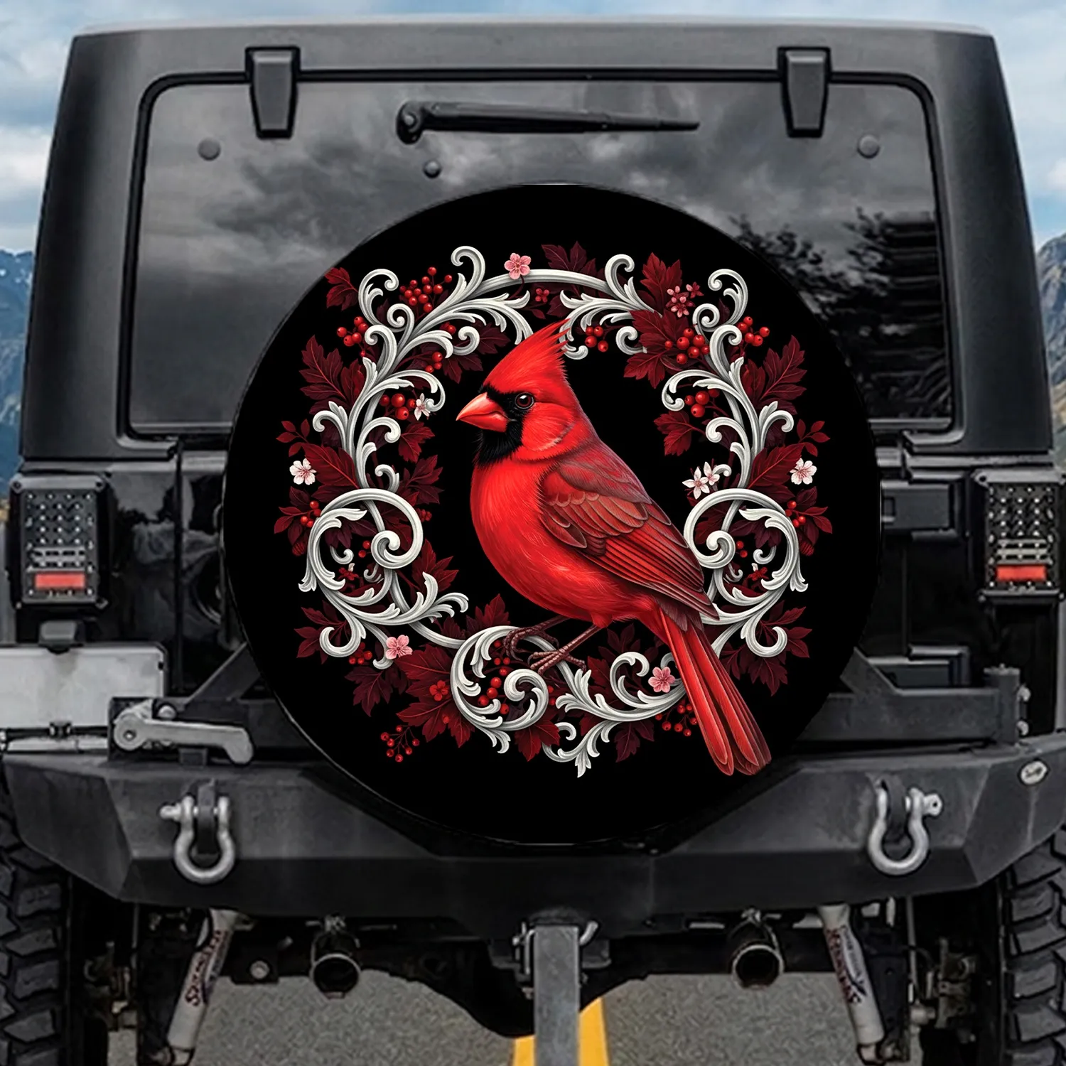 Red Cardinal Bird Swirling Ornaments Foliage - Nature Lover Gift for Bird Watchers Spare Tire Cover - 1