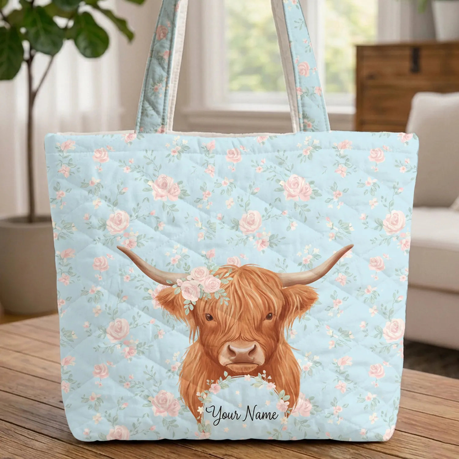 Highland Cow Pastel Floral Name - Personalized Everyday Carry Gift for Cow Lover Quilted Tote Bag - 1