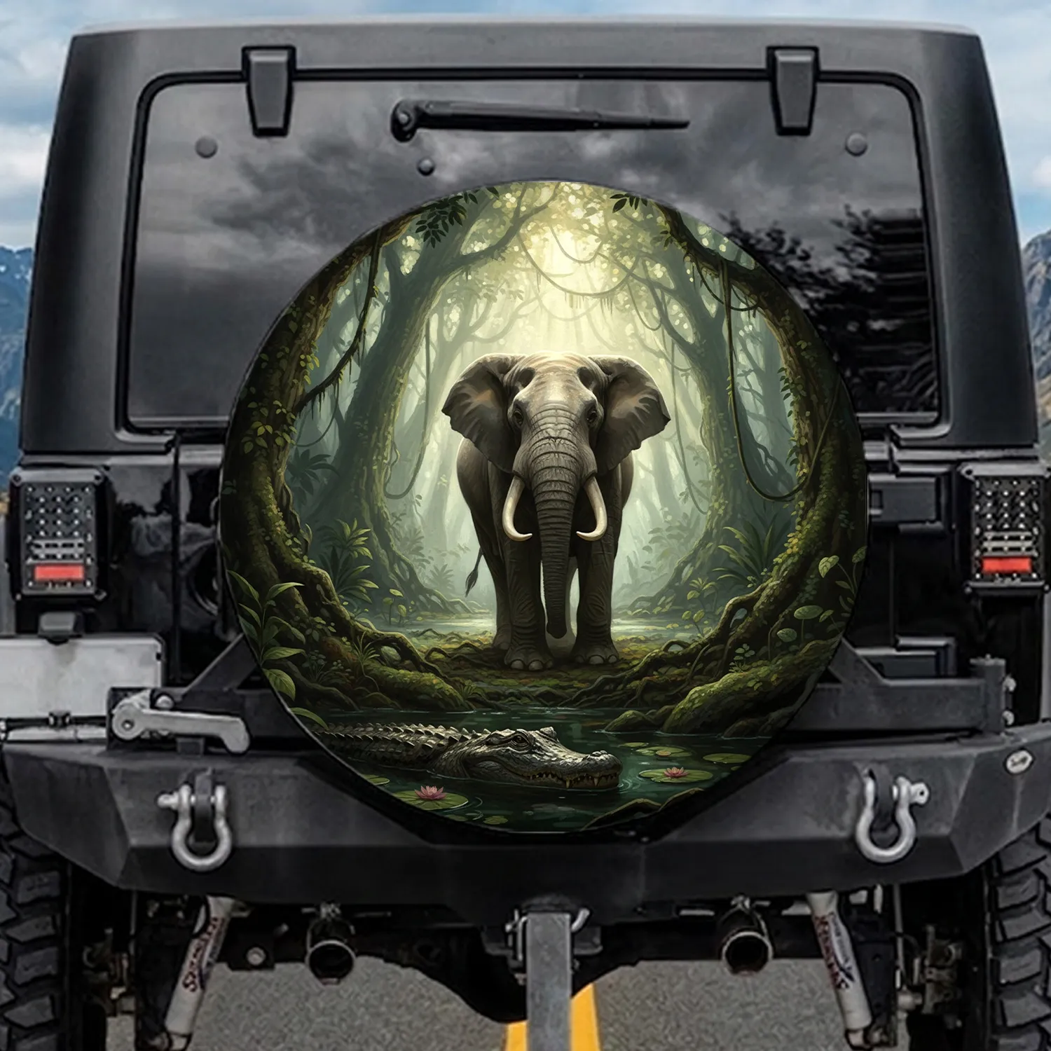 Majestic Elephant Alligator Jungle Swamp Dense Forest Lush Vines - Wildlife Lover Gift Spare Tire Cover - 1
