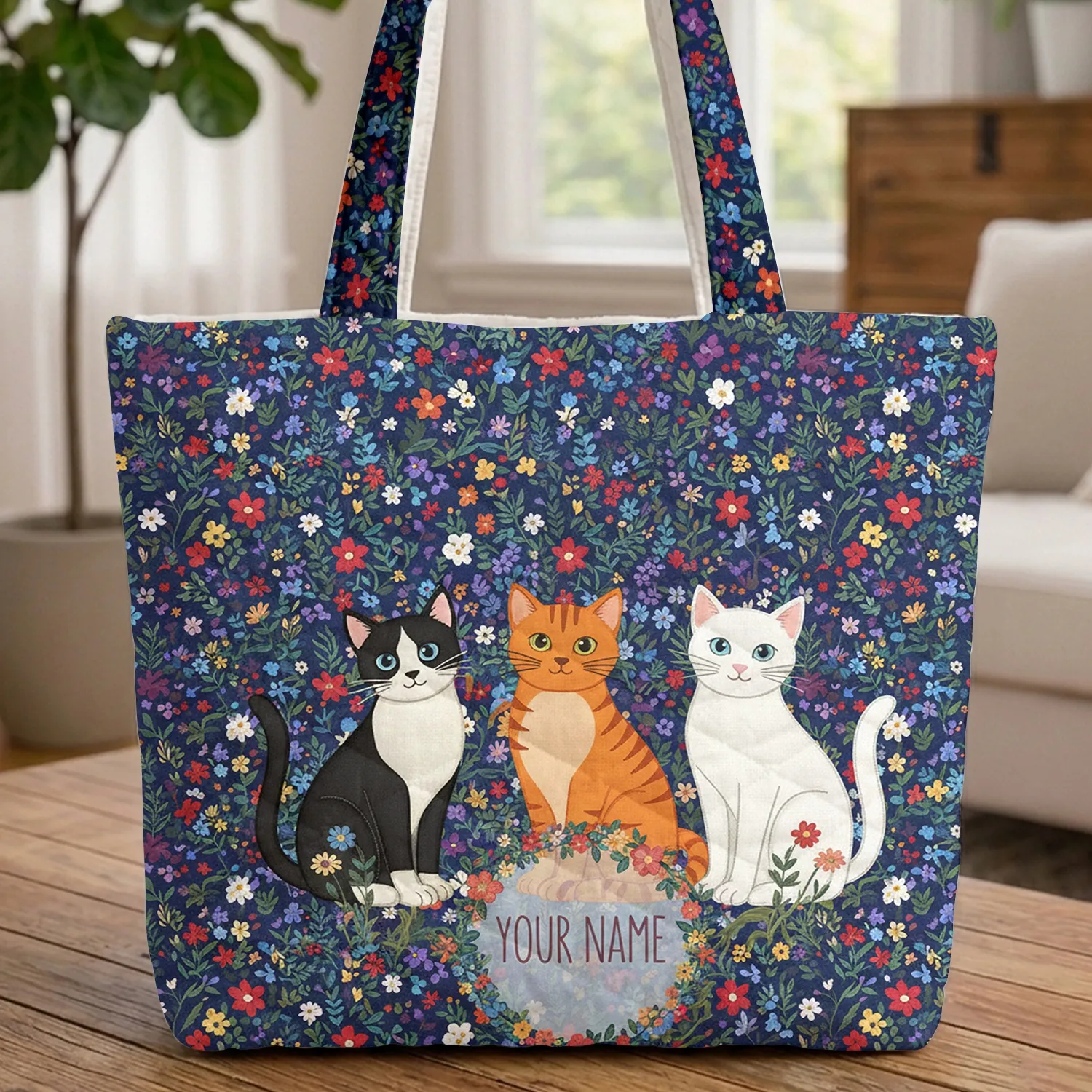 Three Cats Wildflower Meadow Wreath - Everyday Carry Gift for Cat Lover Quilted Tote Bag - 1