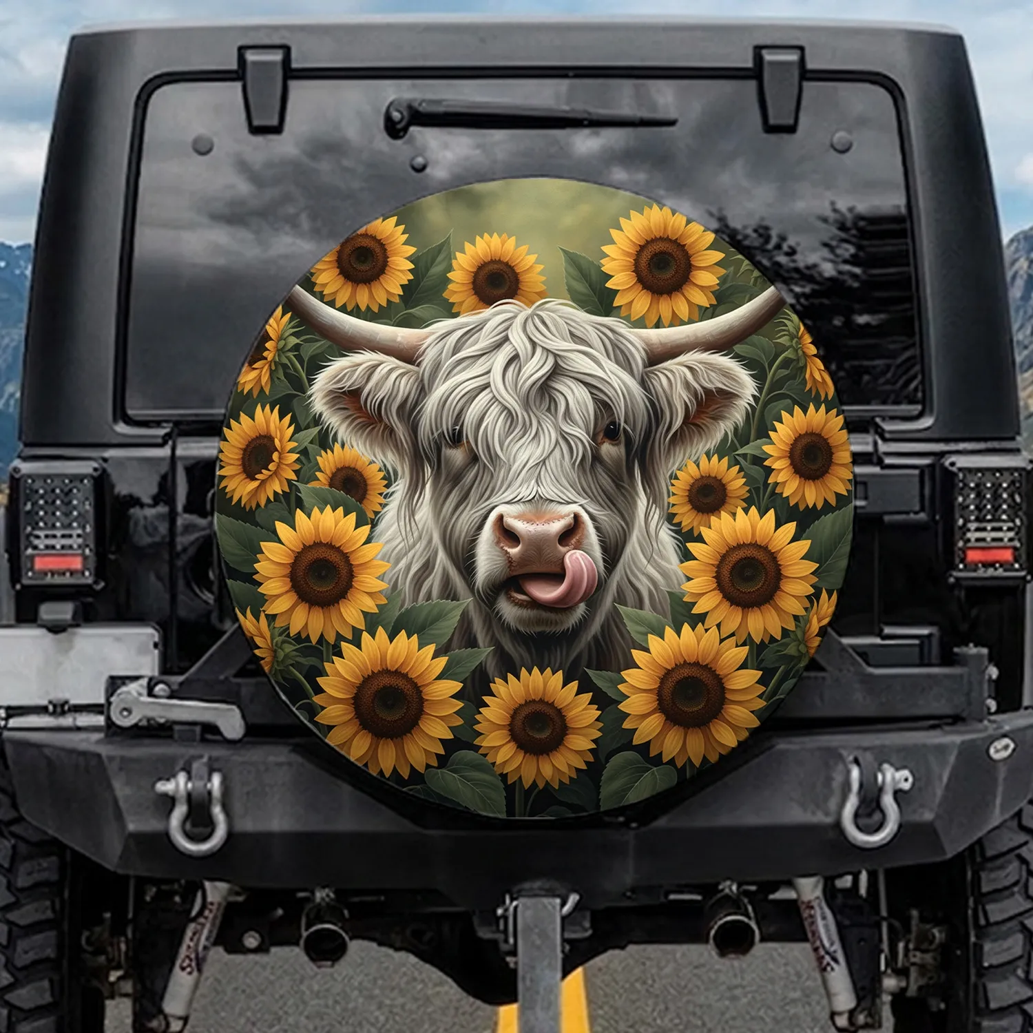 Highland Cow Sunflower Field Farmhouse Decor Cow Lover Gift Spare Tire Cover - 1