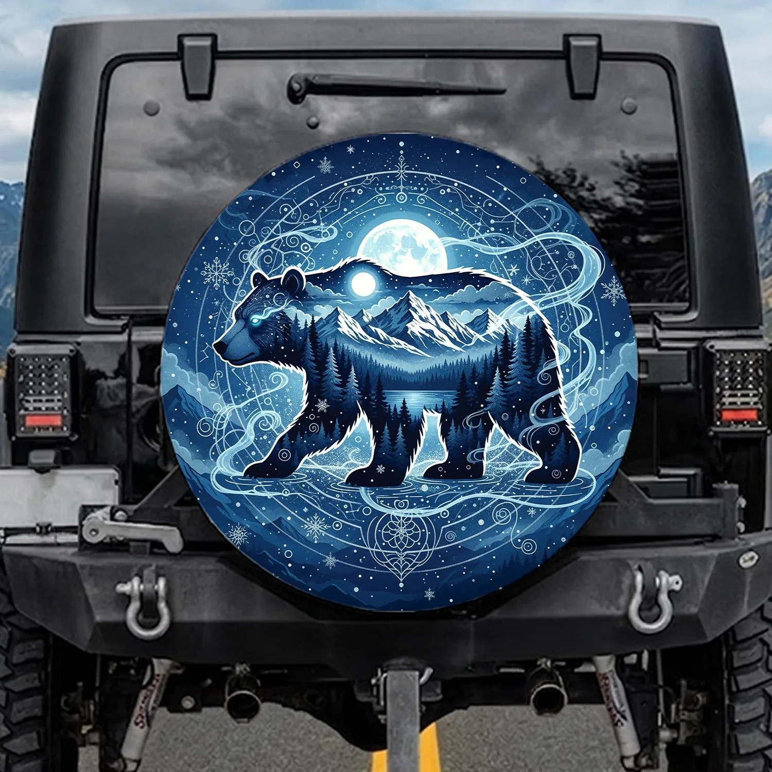 Majestic Bear Forest Mountain Lake Full Moon Starry Sky - Wildlife Lover Gift Spare Tire Cover - 1