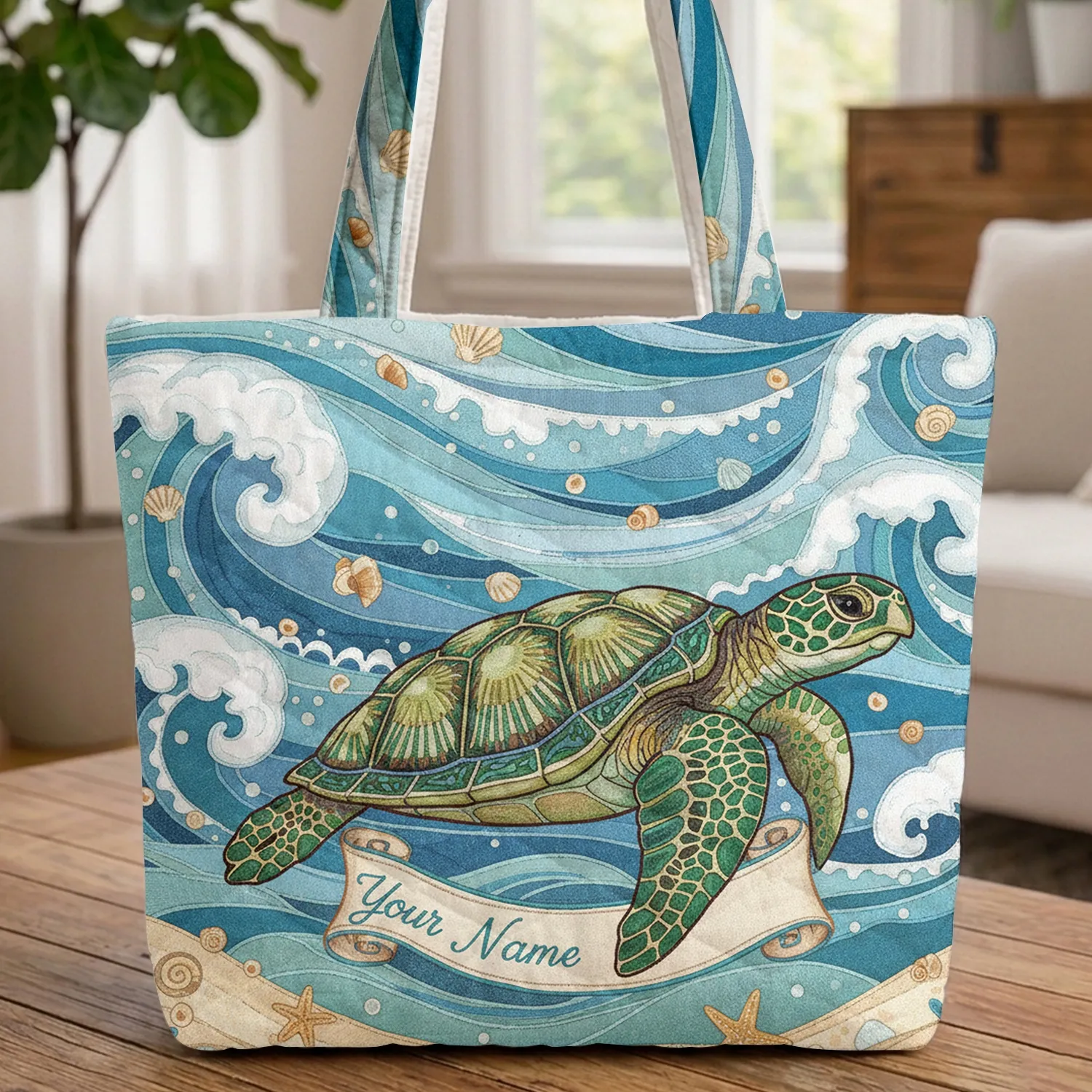 Ornate Sea Turtle Ocean Waves Seashells Starfish Personalized Name Travel Essentials Quilted Tote Bag - 1