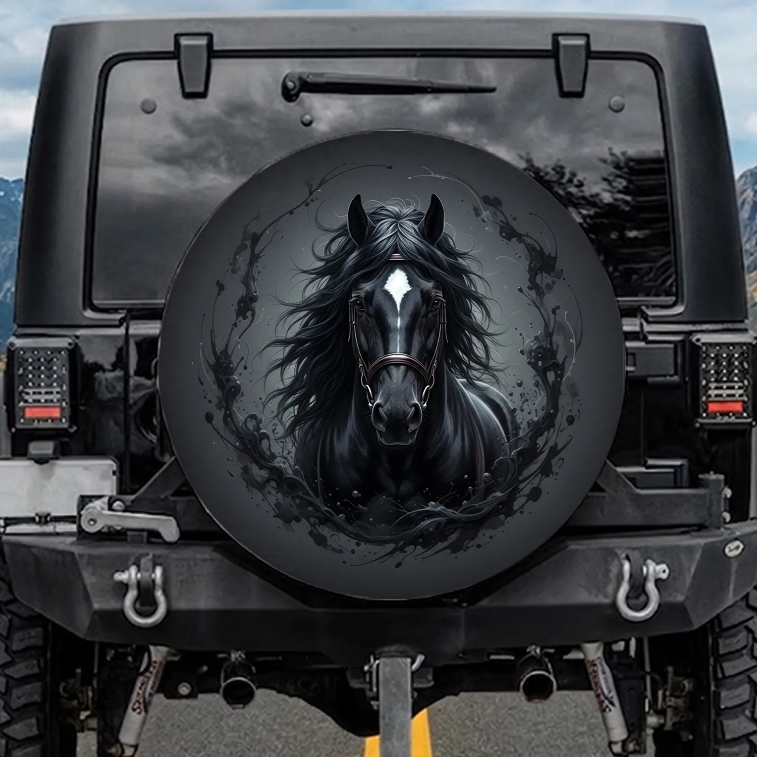 Majestic Powerful Black Horse White Blaze Flowing Mane Bridle - Equestrian Lover Gift Spare Tire Cover - 1