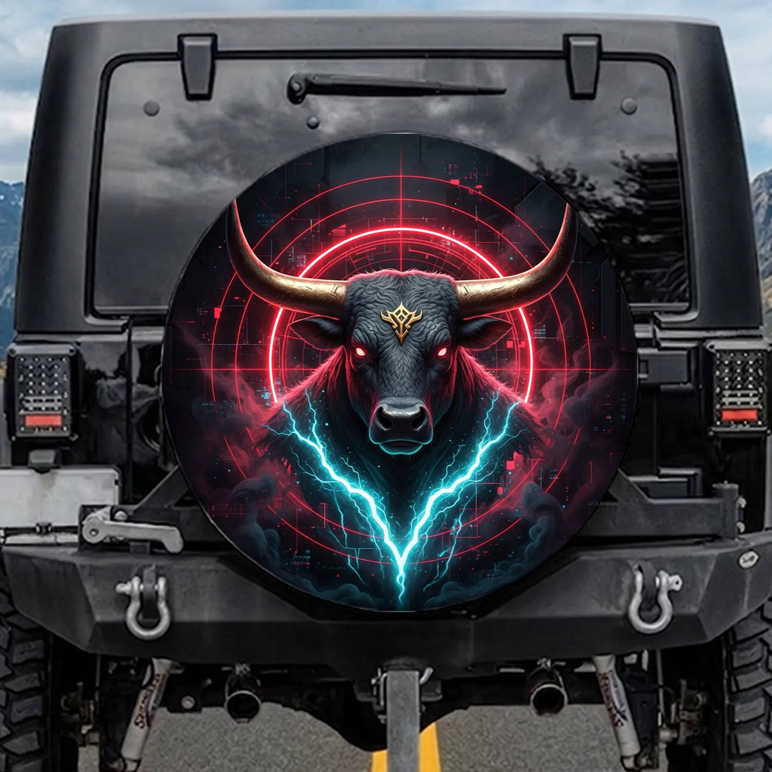 Bull Head Golden Horns Red Eyes Wildlife Lover Gift for Truck Owners Spare Tire Cover - 1